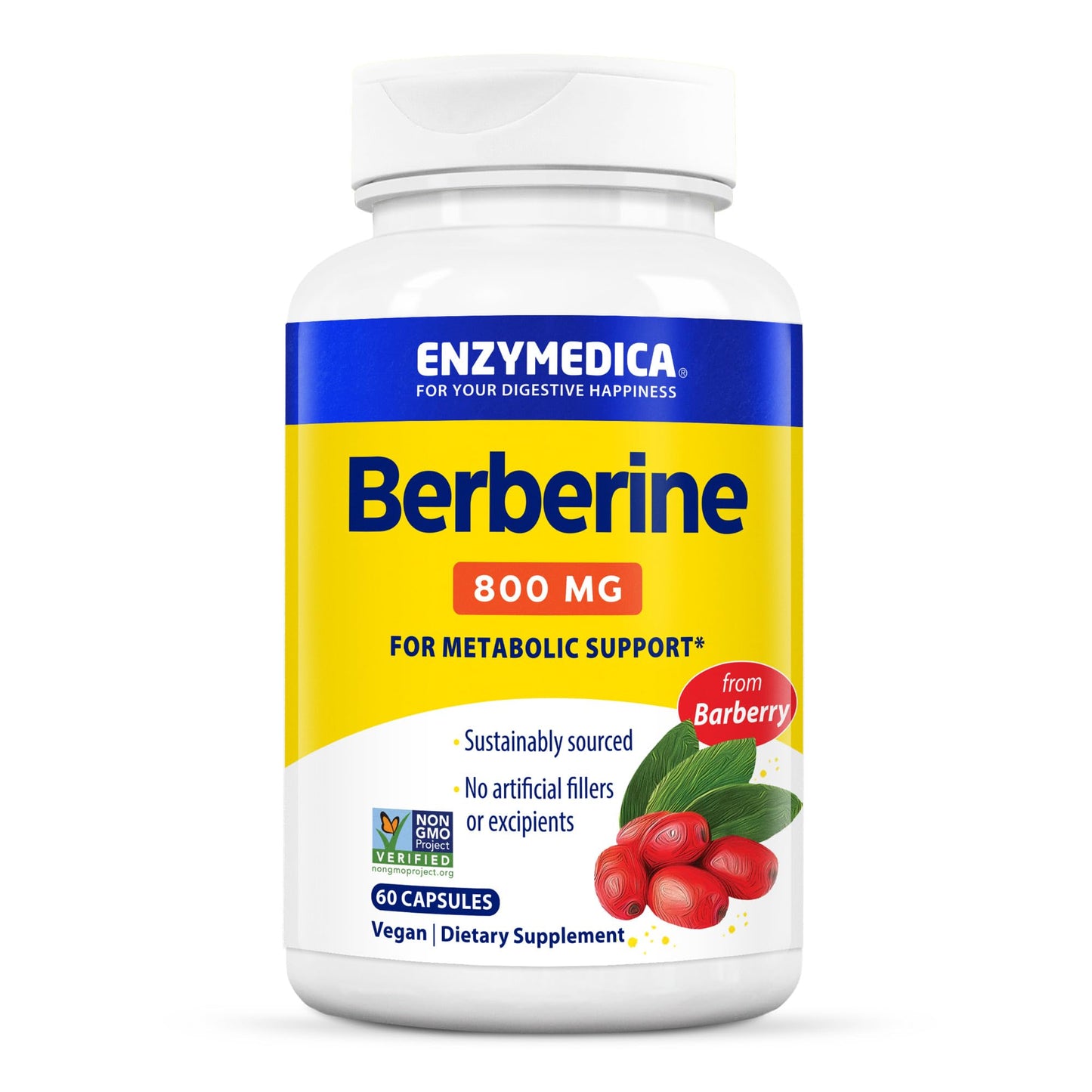 Enzymedica Berberine 800 mg – Vegan Capsules for Metabolic Support – from Sustainably Sourced Barberry – Non-GMO, Gluten-Free, No Fillers or Excipients – 60 Capsules - Medaid International