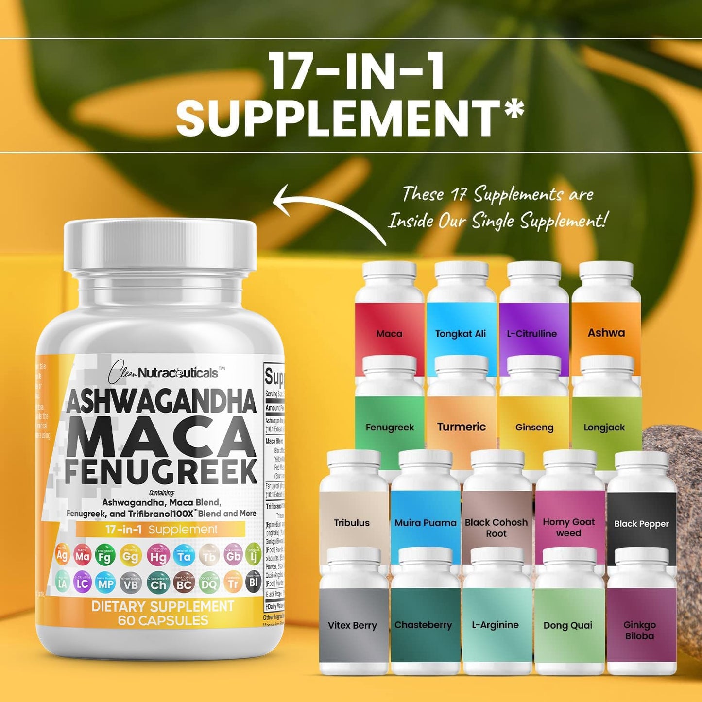 Clean Nutraceuticals Ashwagandha Maca Root Fenugreek Supplement with Tongkat Ali Ginseng - Assists with Stress, Mood & Thyroid - Ashwagandha Capsules Fenugreek Caps - 1 Pack - Medaid International