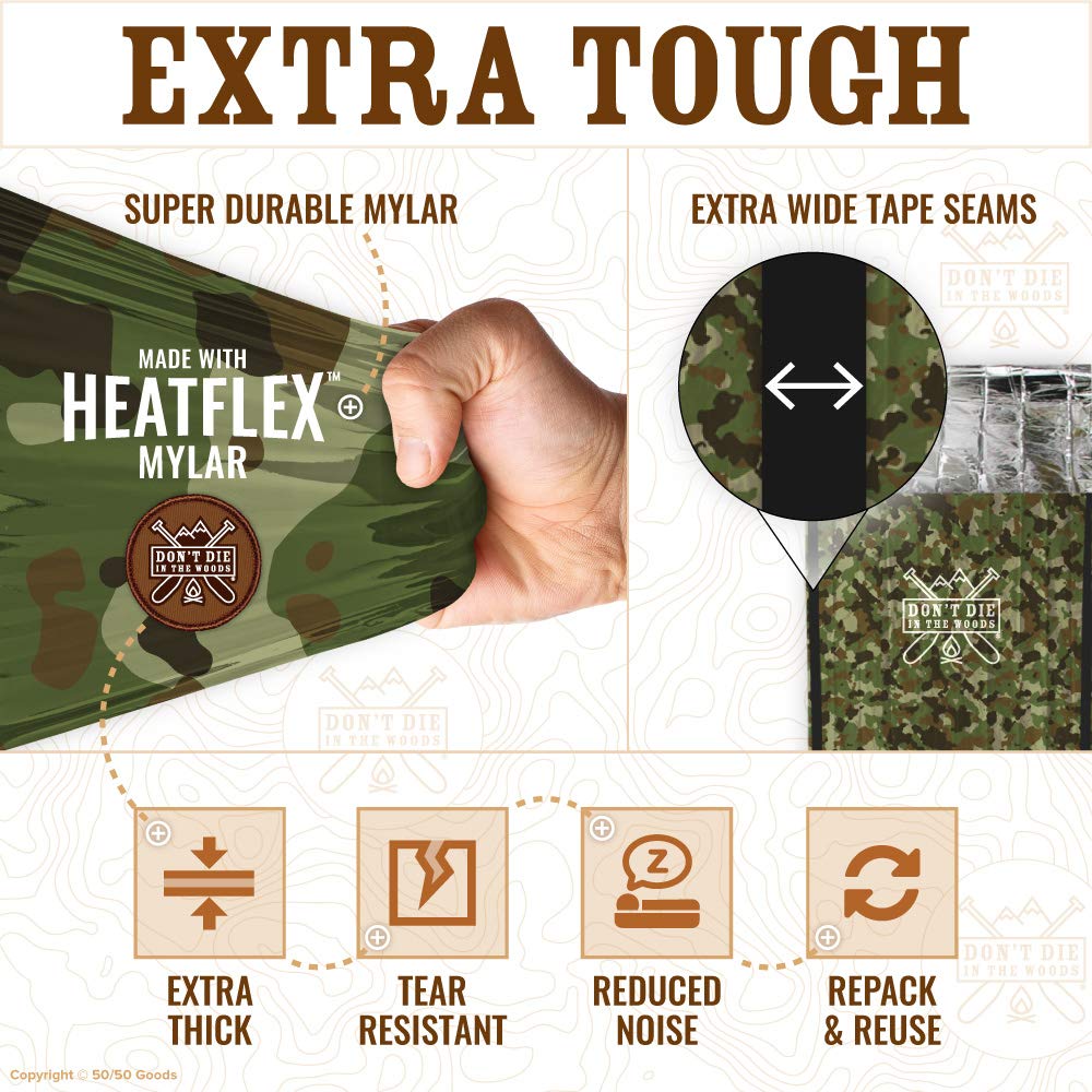 Don’t Die in The Woods - Emergency Sleeping Bag with Hood - Made with Extra Thick Thermal Mylar - Hiking Camping Blanket Survival Gear Essentials Tactical Car Disaster First Aid Kit (Camo)