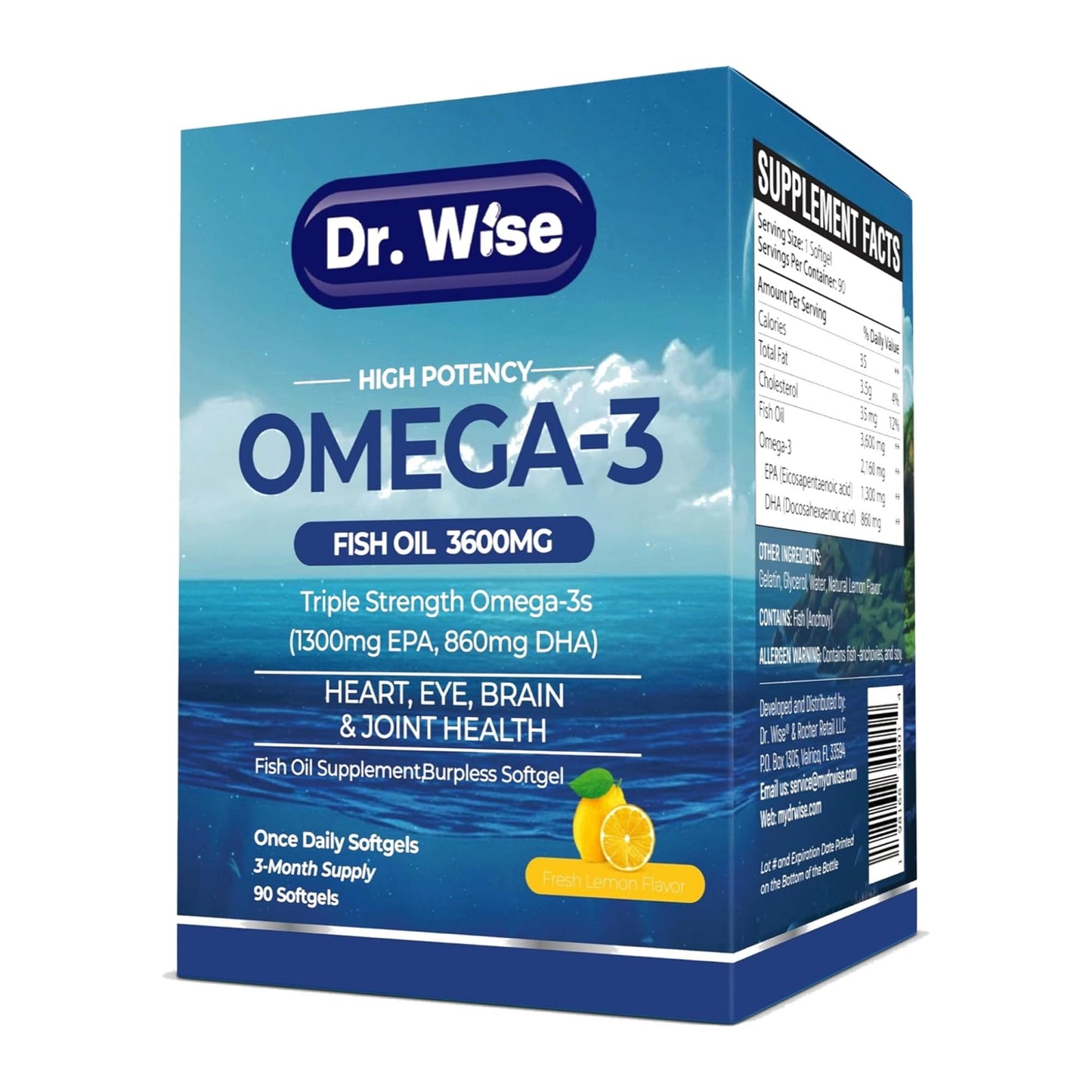 Triple Strength Omega 3 Fish Oil 3600mg – 1300mg EPA & 860mg DHA- Once Daily – Burpless Lemon Flavor, – Supports Heart, Brain, Joint & Eye Health – Wild Caught, Non-GMO, 90 Softgels, 3-Month Supply - Medaid International