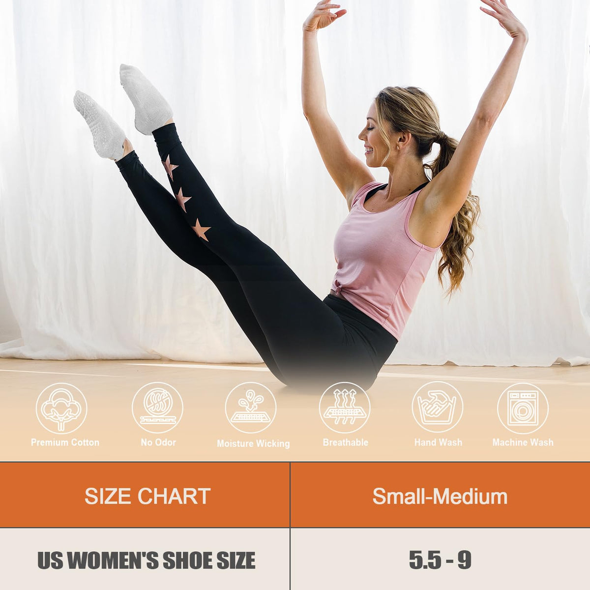 Non Slip Pilates Socks, 4 Pairs, Cotton Blend, Sizes 35-42