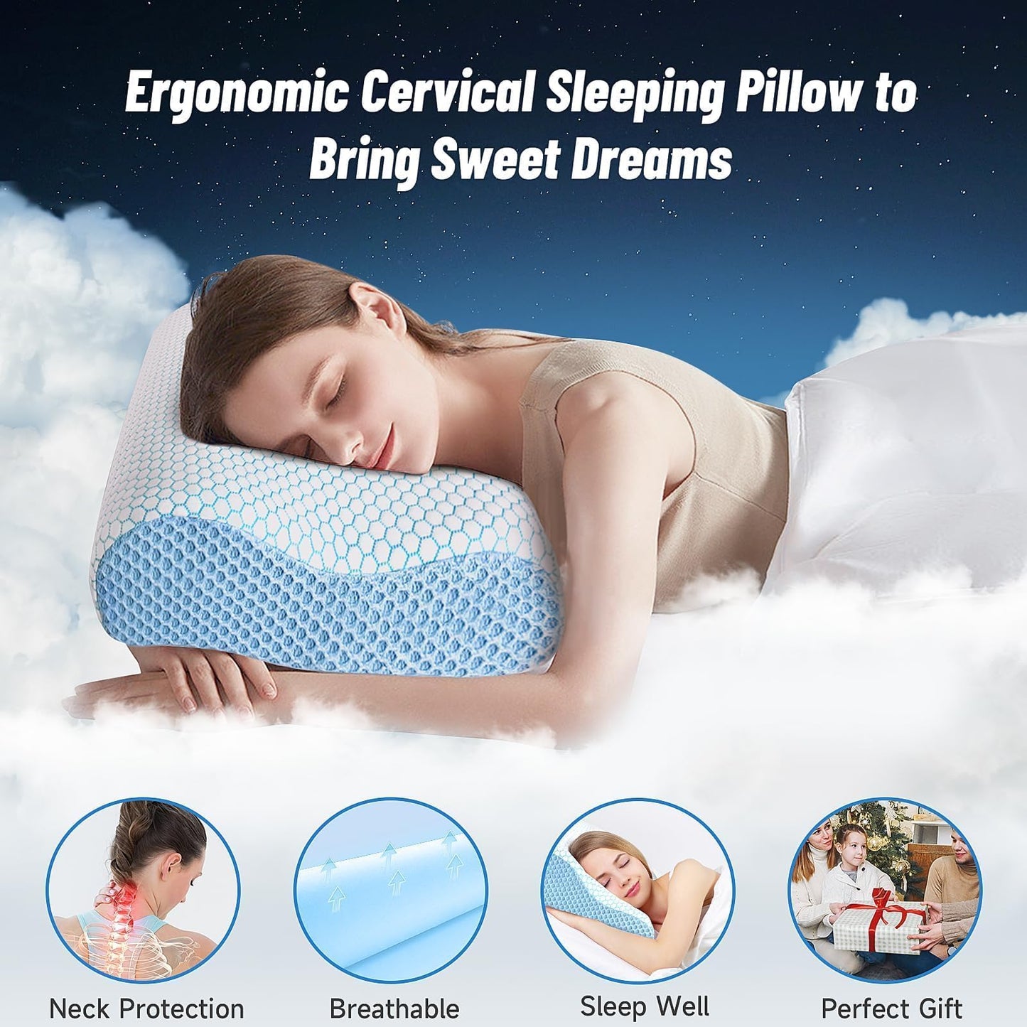 CloudBliss Neck Pillow for Sleeping, Ergonomic Cervical Neck Pillow for Neck Pain Relief, Memory Foam Pillow fit Neck Contour, Bed Pillow for Side Back Stomach Sleepers (Blue, Standard Size) - Medaid International