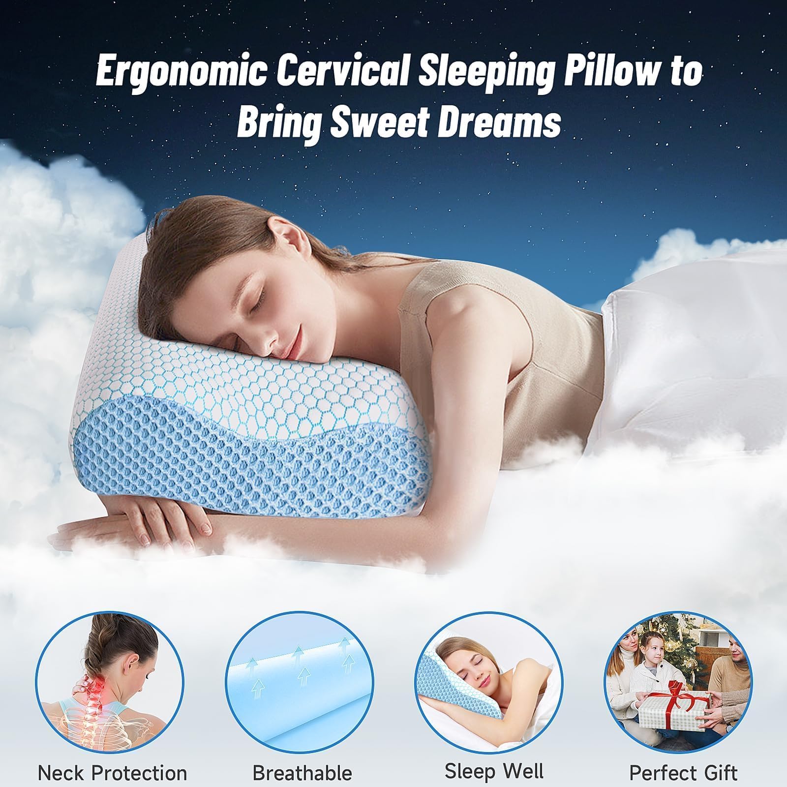 CloudBliss Neck Pillow for Sleeping, Ergonomic Cervical Neck Pillow for Neck Pain Relief, Memory Foam Pillow fit Neck Contour, Bed Pillow for Side Back Stomach Sleepers (Blue, Standard Size) - Medaid International