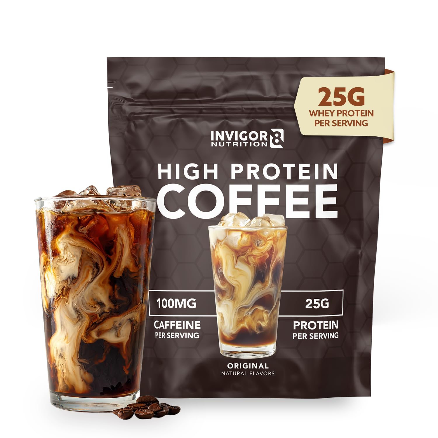 INVIGOR8 High Protein Coffee Powder 25 Grams Whey Isolate100mg Natural Green Tea Caffeine | 0 Added Sugar Keto Gluten Free 99.9% Lactose Free | Hot or Iced15 Serving 15 Servings (17 OZ, Original) - Medaid International