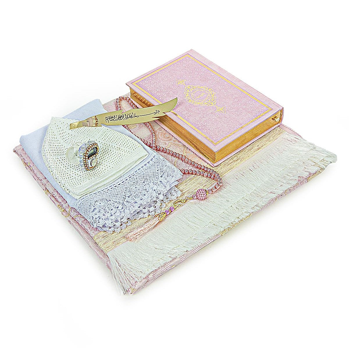ihvan online Muslim Prayer Rug Set, Islamic Dowry Gift Box for Men & Women, Shawl, Kufi Hat, Digital Beads Counter, Quran Gift, Elegant Islamic Gifts Set for Ramadan & Eid & Wedding, Pink - Medaid International