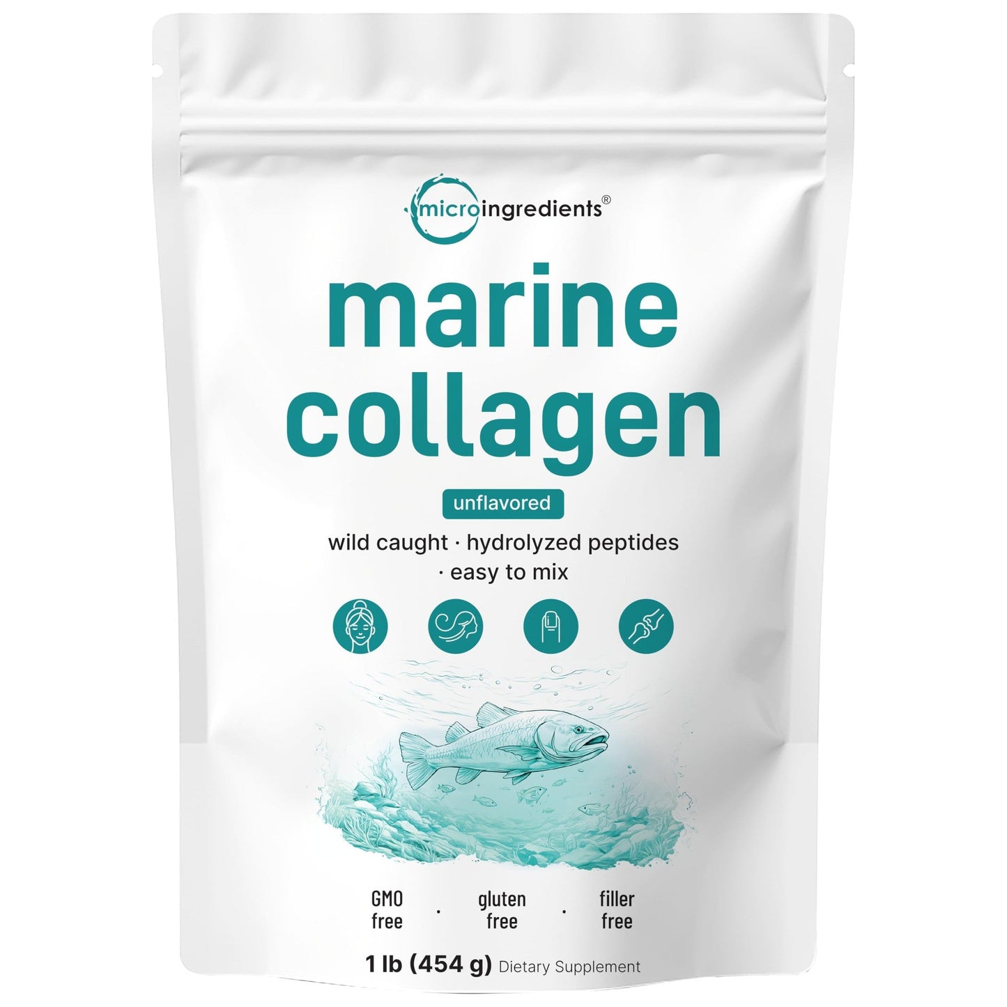 Micro Ingredients Marine Collagen Peptides Powder, 1 lb | Type I Marine Collagen + Natural Protein | Wild-Caught Fish Source | Unflavored | Supports Hair, Skin & Joint Health | Pescatarian, Non-GMO - Medaid International