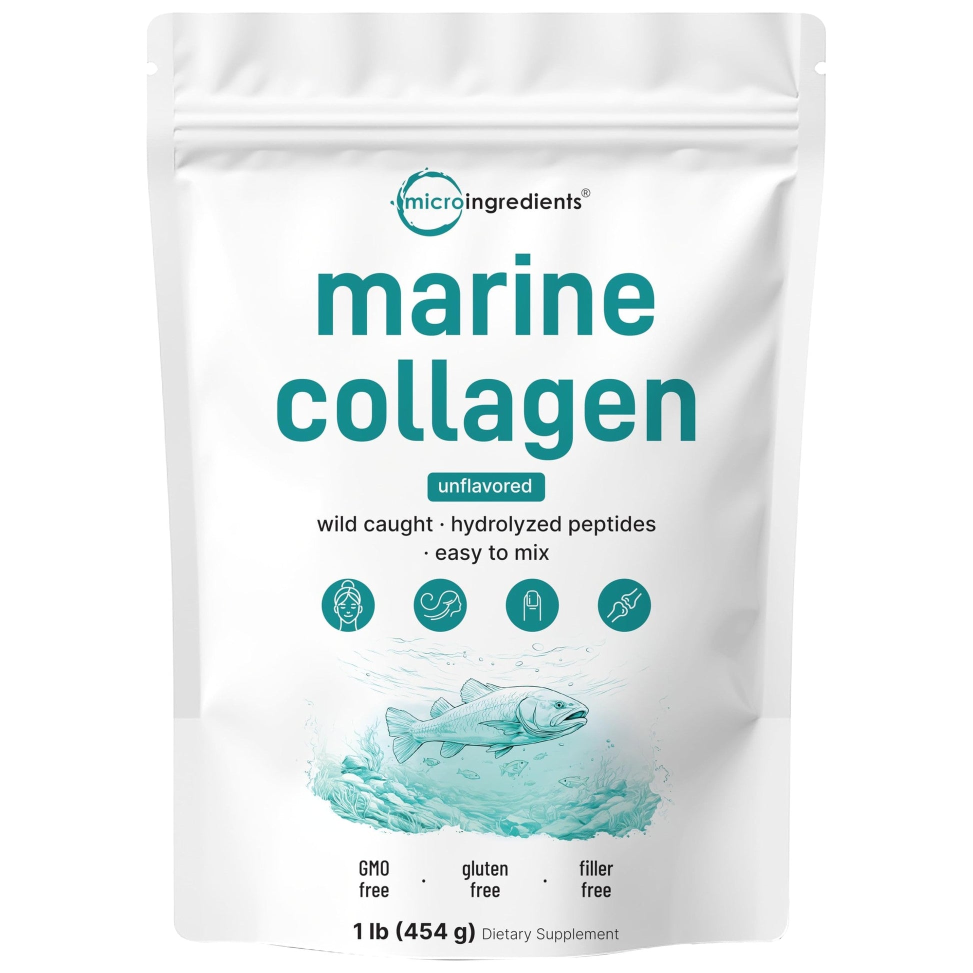 Micro Ingredients Marine Collagen Peptides Powder, 1 lb | Type I Marine Collagen + Natural Protein | Wild-Caught Fish Source | Unflavored | Supports Hair, Skin & Joint Health | Pescatarian, Non-GMO - Medaid International