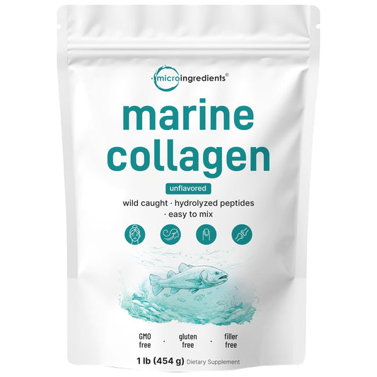 Micro Ingredients Marine Collagen Peptides Powder, 1 lb | Type I Marine Collagen + Natural Protein | Wild-Caught Fish Source | Unflavored | Supports Hair, Skin & Joint Health | Pescatarian, Non-GMO - Medaid International