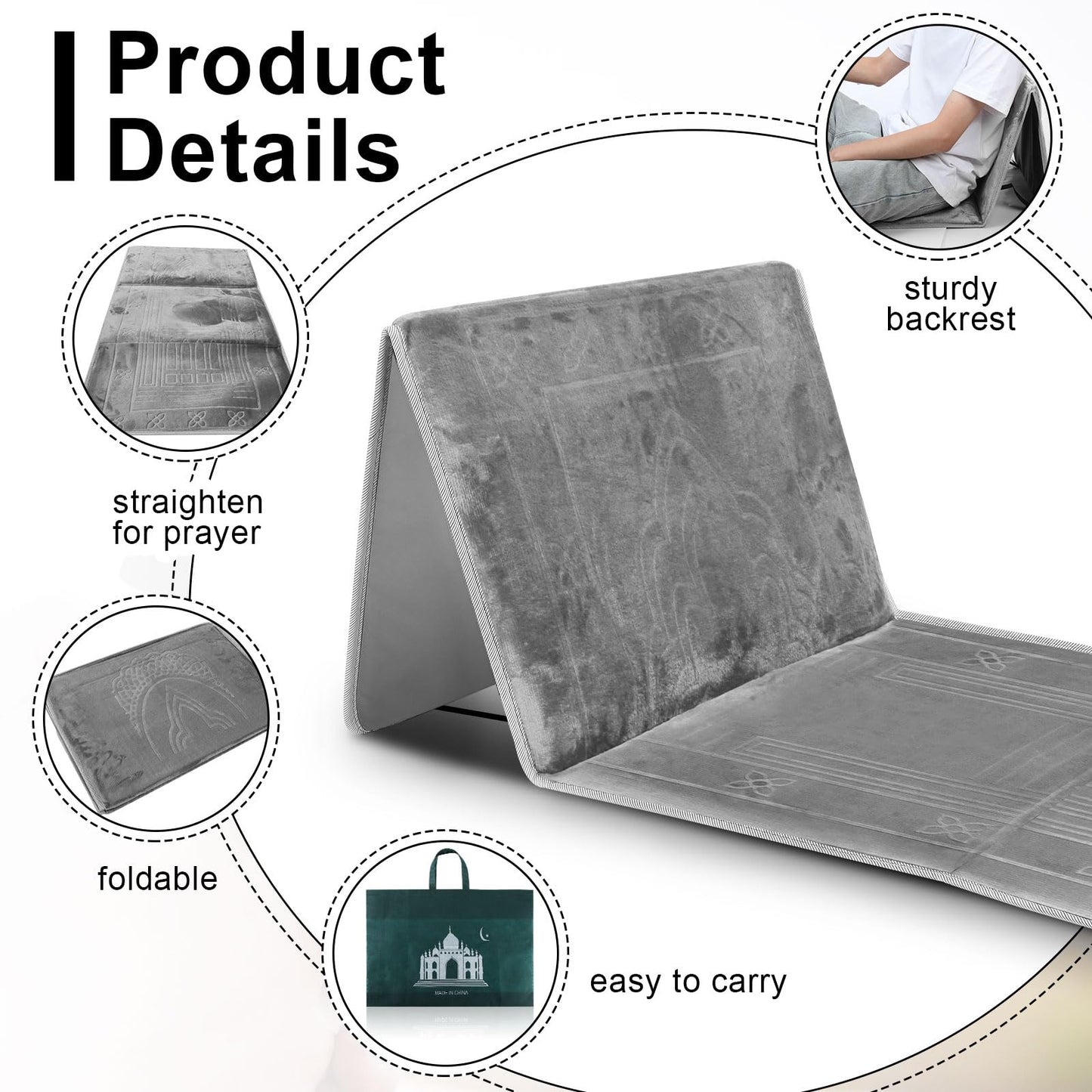 Timgle Foldable Prayer Mat Prayer Rug with Backrest Folding Meditation Chair with Storage Bag Soft Meditation Rug Praying Mat Praying Carpet for Rest Men Women Prayer Ramadan Eid, Muslim Gift (Gray) - Medaid International