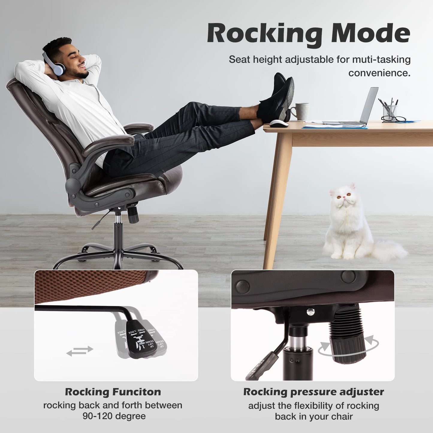 Executive Office Chair – Ergonomic Adjustable Computer Desk Chairs with High Back Flip-up Armrests, Swivel Task Chair with Lumbar Support, Bonded Leather - Medaid International