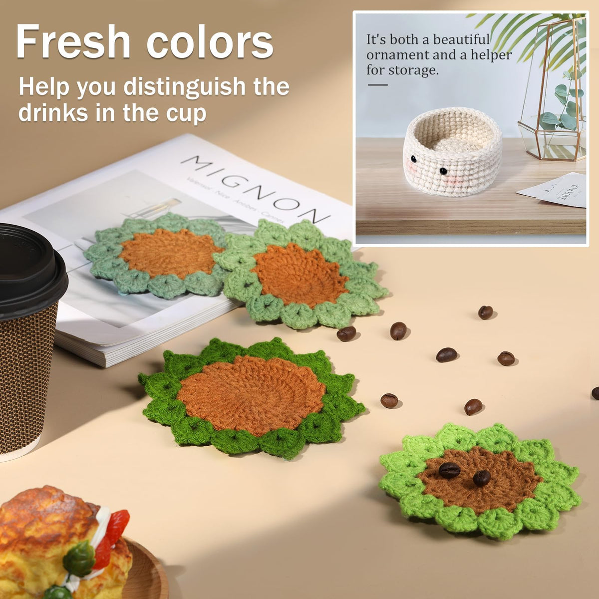 KASTWAVE Crochet Kit for Beginners - 6pcs Coasters in a Plant Pot Crochet Start Kit, Complete Beginner Crochet Kit with Crochet Hooks, Yarn, Clear Video Tutorials for Adult Beginners