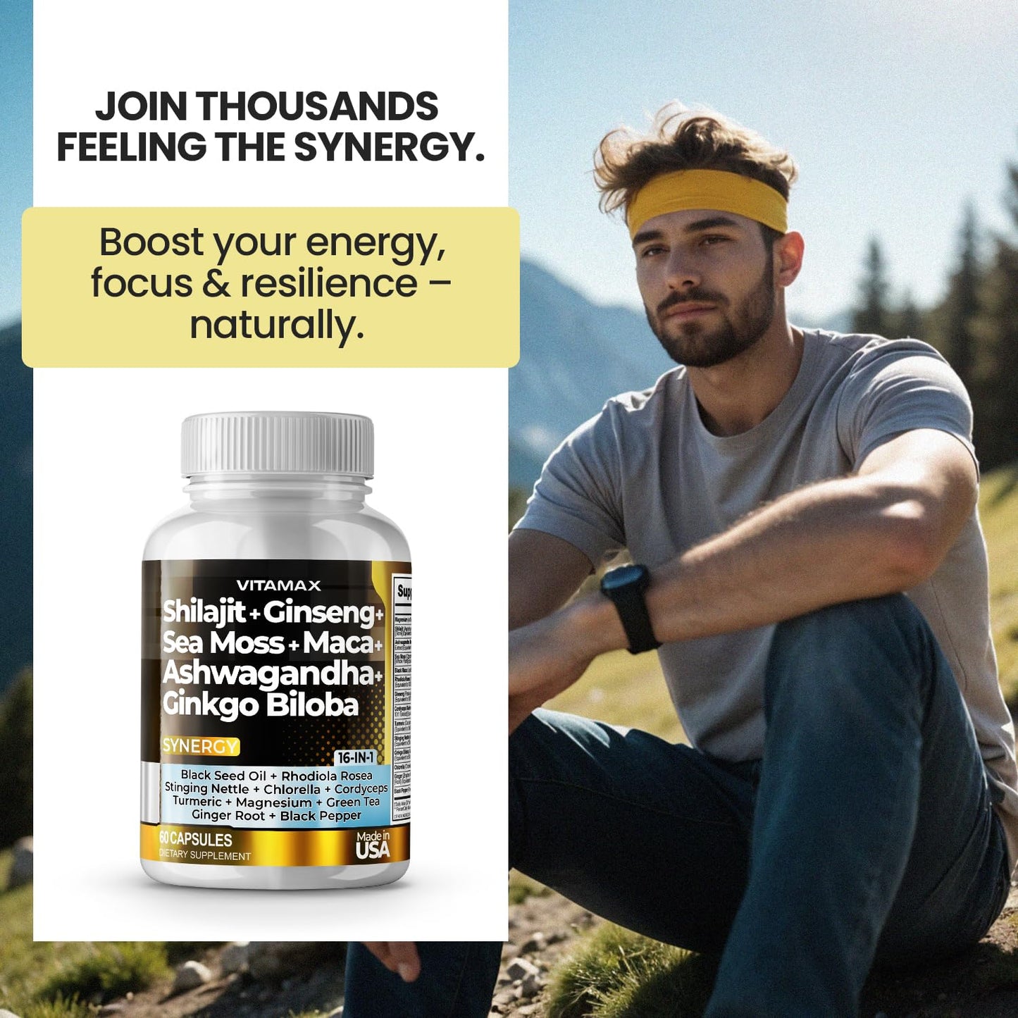 Pure Himalayan Shilajit Supplement, Ashwagandha, Sea Moss, Rhodiola Rosea, Gingko Biloba - Fulvic Acid & Trace Mineral Capsules for Men and Women – Made in USA - Medaid International