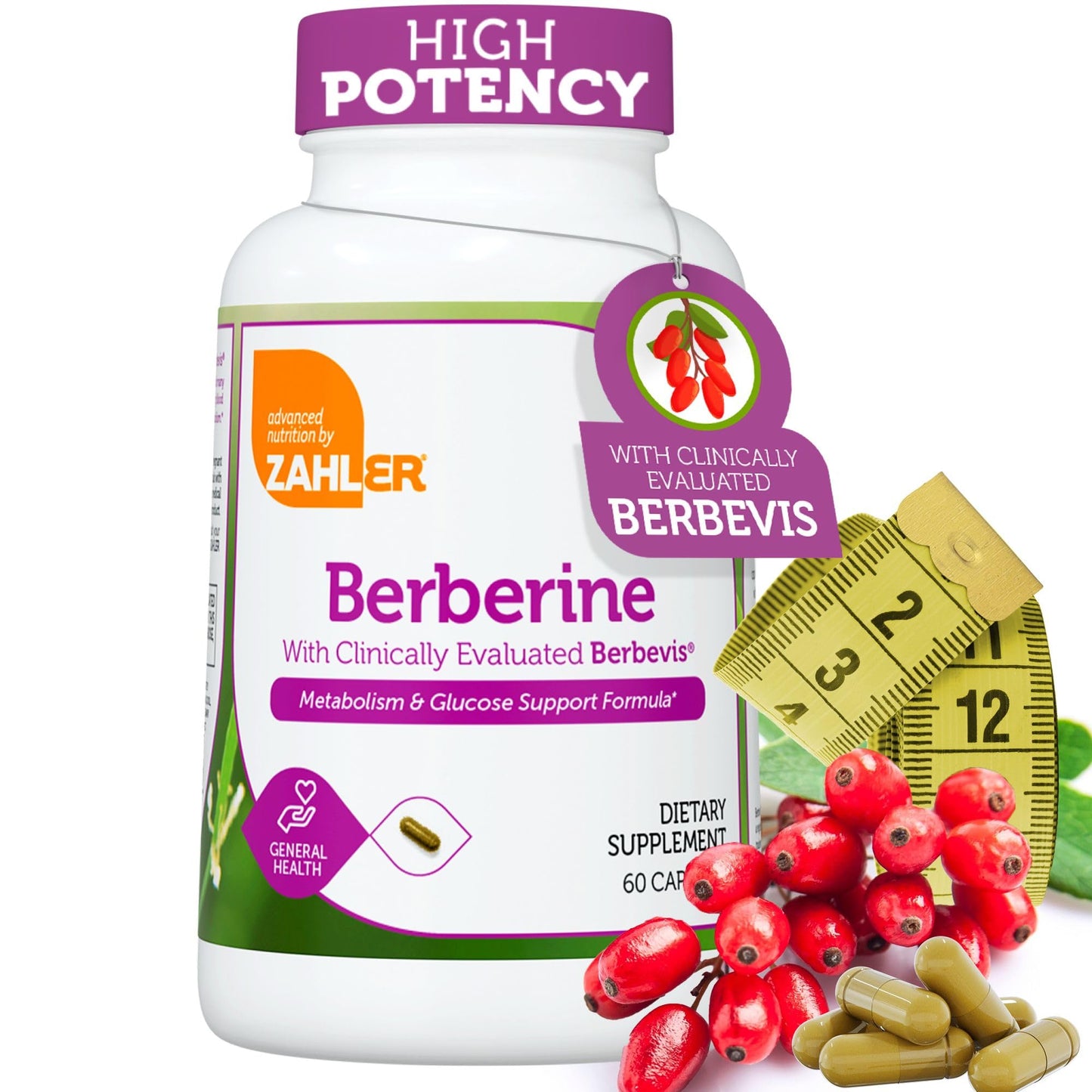 Zahler Berberine with Clinically Evaluated Berbevis, Metabolism and Glucos Support Formula, 60 Capsules. - Medaid International