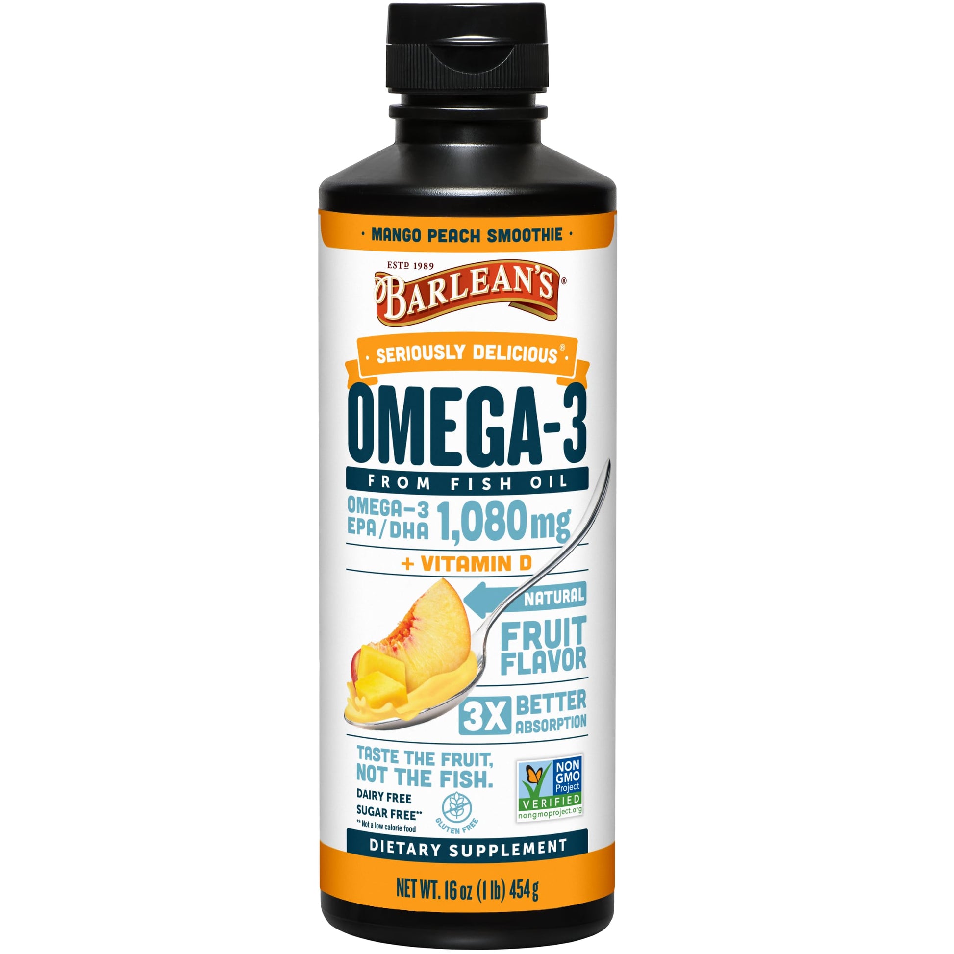 Barlean's Omega 3 Fish Oil Liquid Supplement with Vitamin D for Men and Women, Mango Peach, 1080mg EPA and DHA Fatty Acid, 16 oz - Medaid International