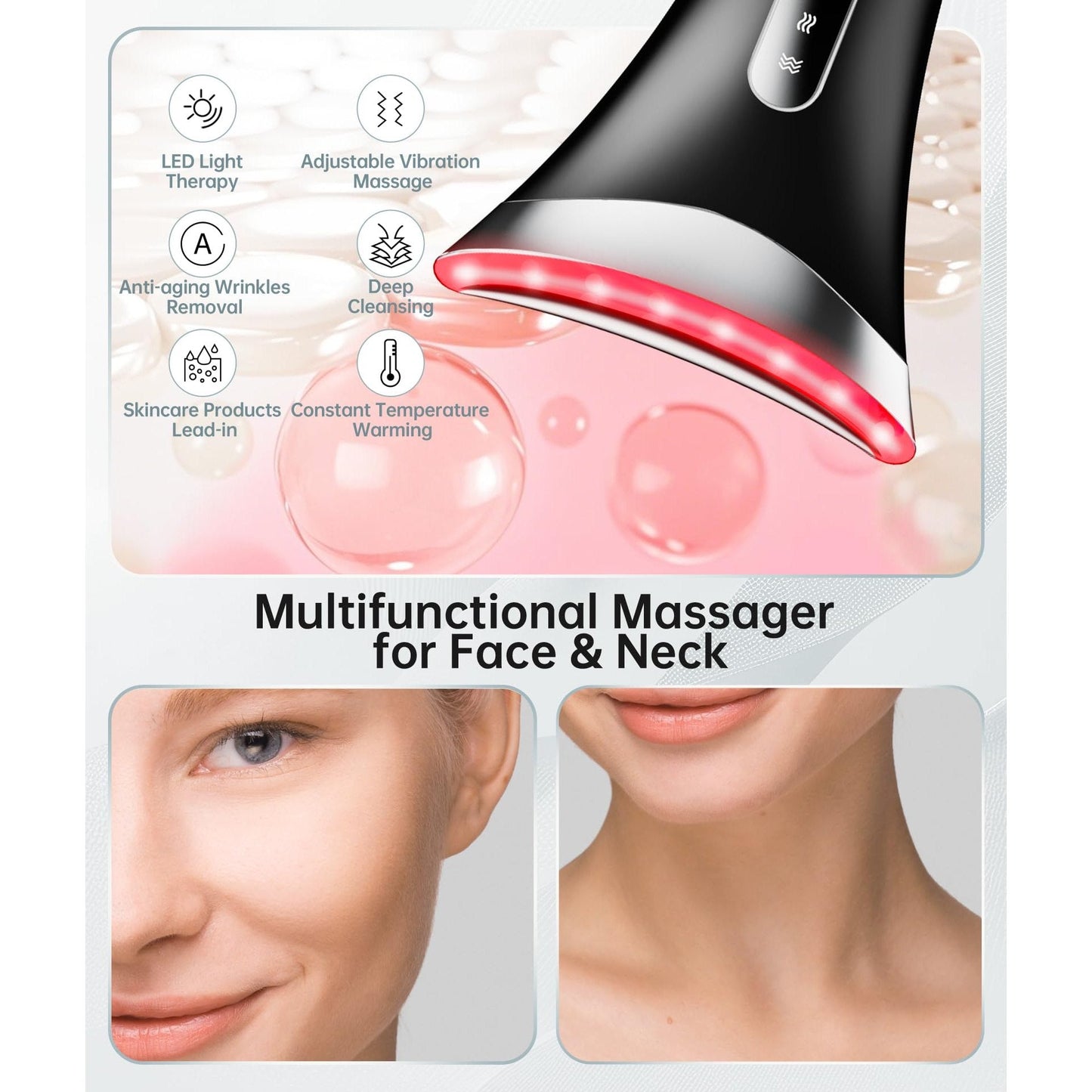 Dopsikn 7 Color Light Therapy Facial Massager with Adjustable Vibration and Thermals for Wrinkles, Double Chin, Red Light Skin Care Tool with Base, Black - Medaid International