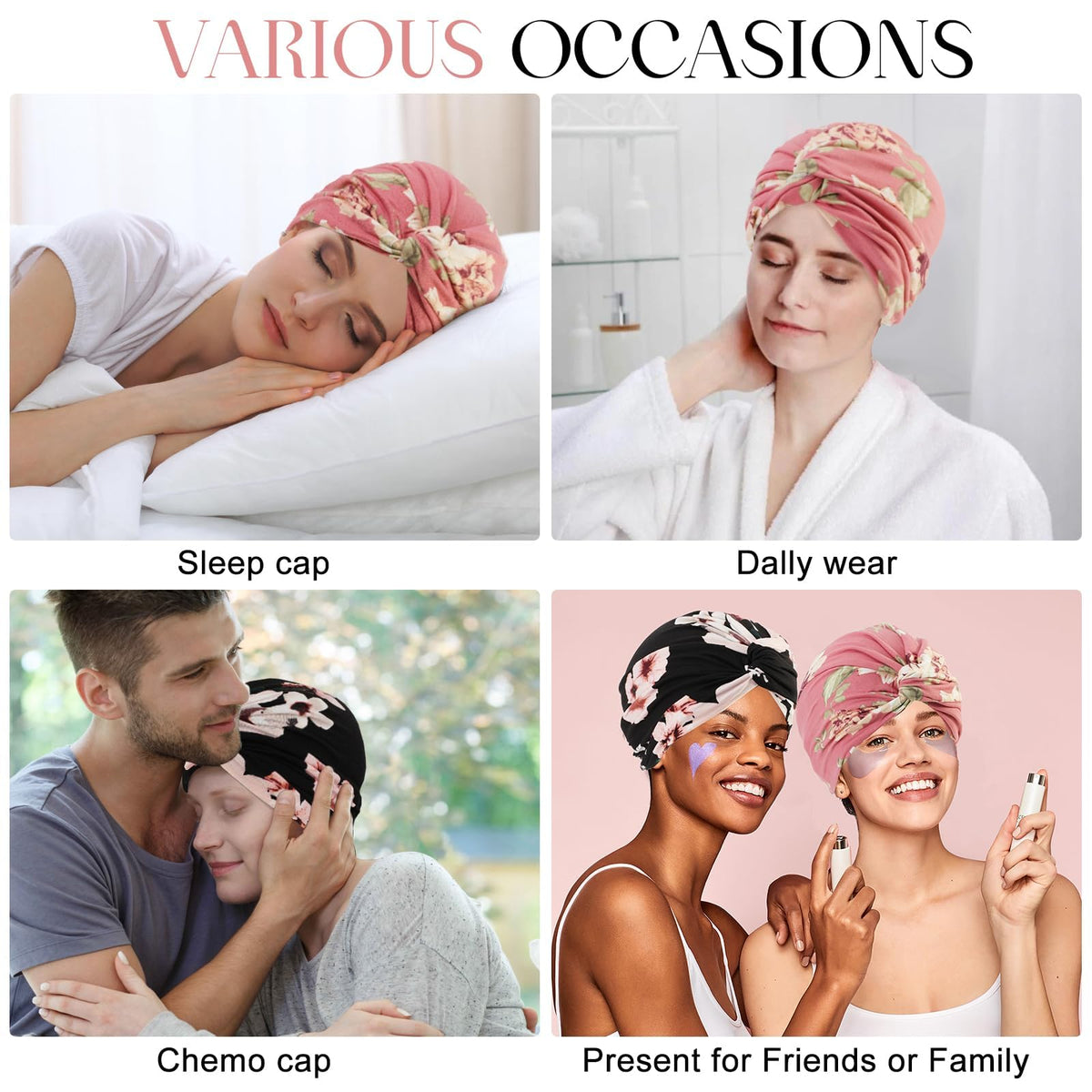KASTWAVE 2-Pack Soft Elastic Turbans for Women, Adjustable Printed Pre-Tied Head Wraps, Comfortable Chemo Headwear for Hair Loss