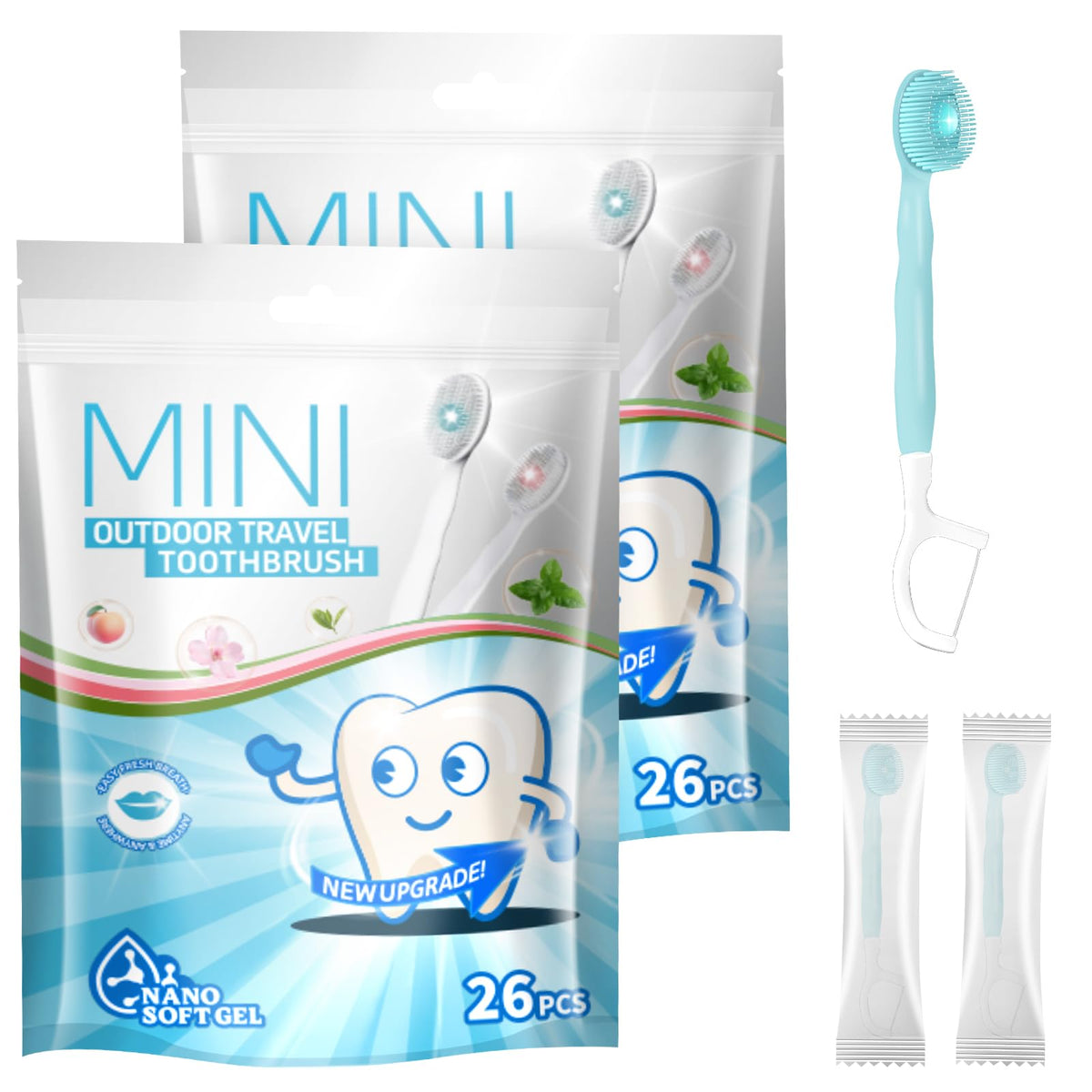 KASTWAVE 26 Pcs 5-in-1 Travel Toothbrush Set, Complete Oral Care All in One Toothbrush, Include Toothpaste, Tongue Cleaner, Dental Floss and Picks, for Travel, Individually Wrapped (Mint Flavor)