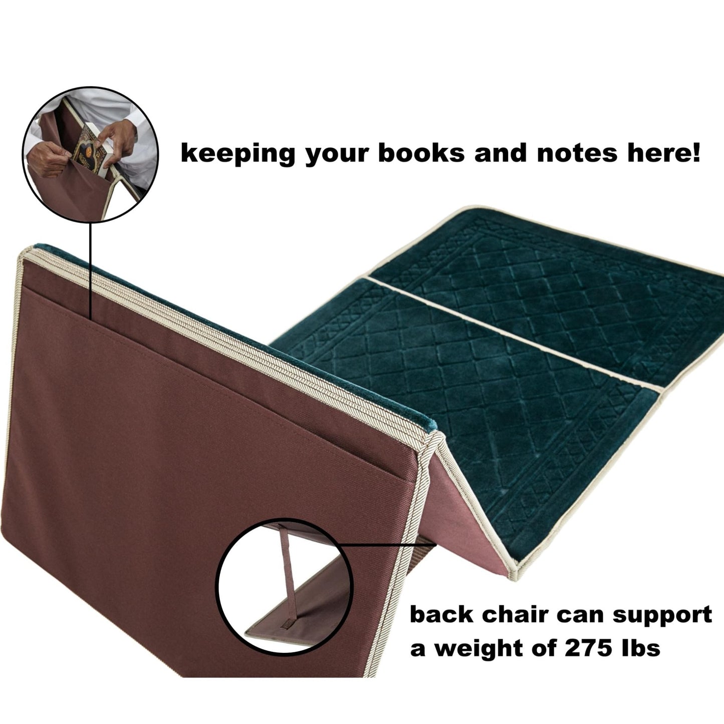 L.FORY Prayer Rug with Back Support/Foldable Meditation Floor Chair & Carrying Pocket (Dark Green) - Medaid International