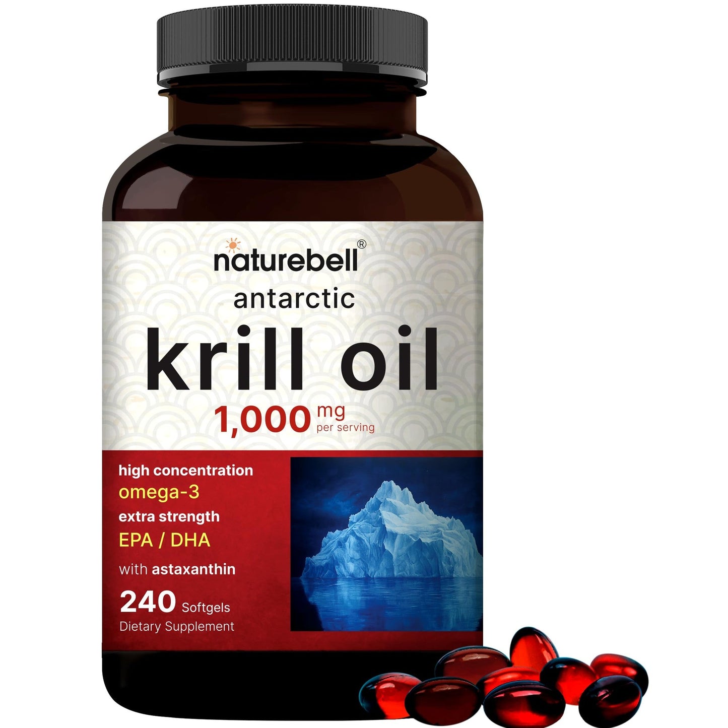 NatureBell Antarctic Krill Oil 1000mg Supplement, 240 Softgels, Natural Source of Omega-3s, EPA, DHA and Astaxanthin - No Aftertaste - Support Heart Health, Mercury Free & Non-GMO - Medaid International