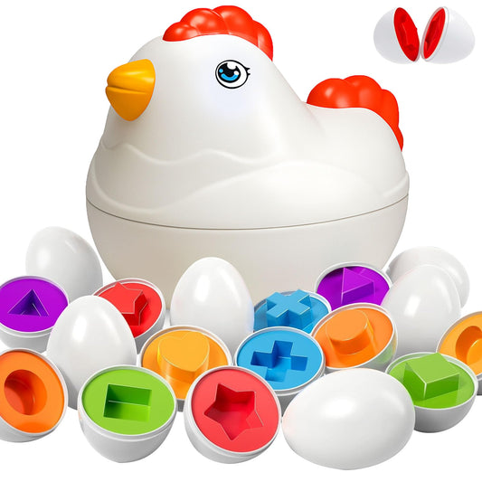 Matching Eggs Montessori Toy for Toddlers 1-5 Ages –12 Pcs Shape & Color Puzzle in Chicken Case – Educational Baby Toys for Girls & Boys–Learning Toys and Games for Kids Ages 1 2 3 4 5