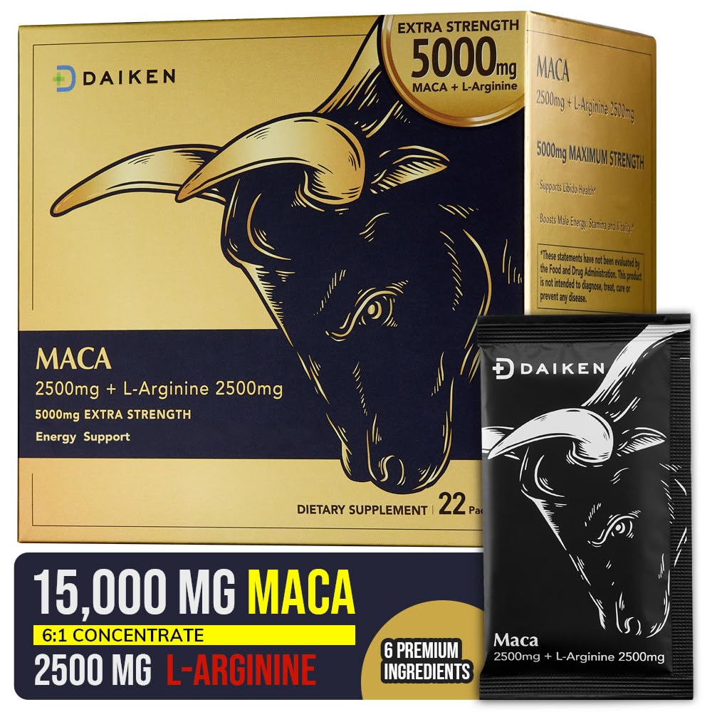 DAIKEN Peruvian Maca Root Powder Extra Strength 15,000 mg, Gelatinized Black, Red, Yellow Maca Blend with L-Arginine (2,500 mg) for Men and Women, Superior Absorption, Vegan, Lab Tested - 22 Packets - Medaid International