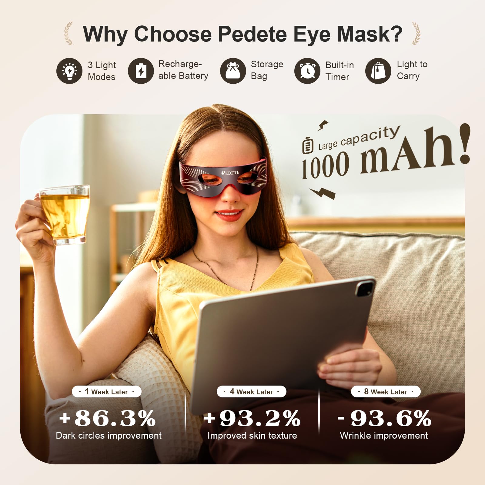 Pedete Red Light Therapy for Eyes, 3 Modes Under-Eye Red Light Eye Mask, Eye Massager for Fine Lines Eye Bags and Dark Circles for Men Women(Black) - Medaid International