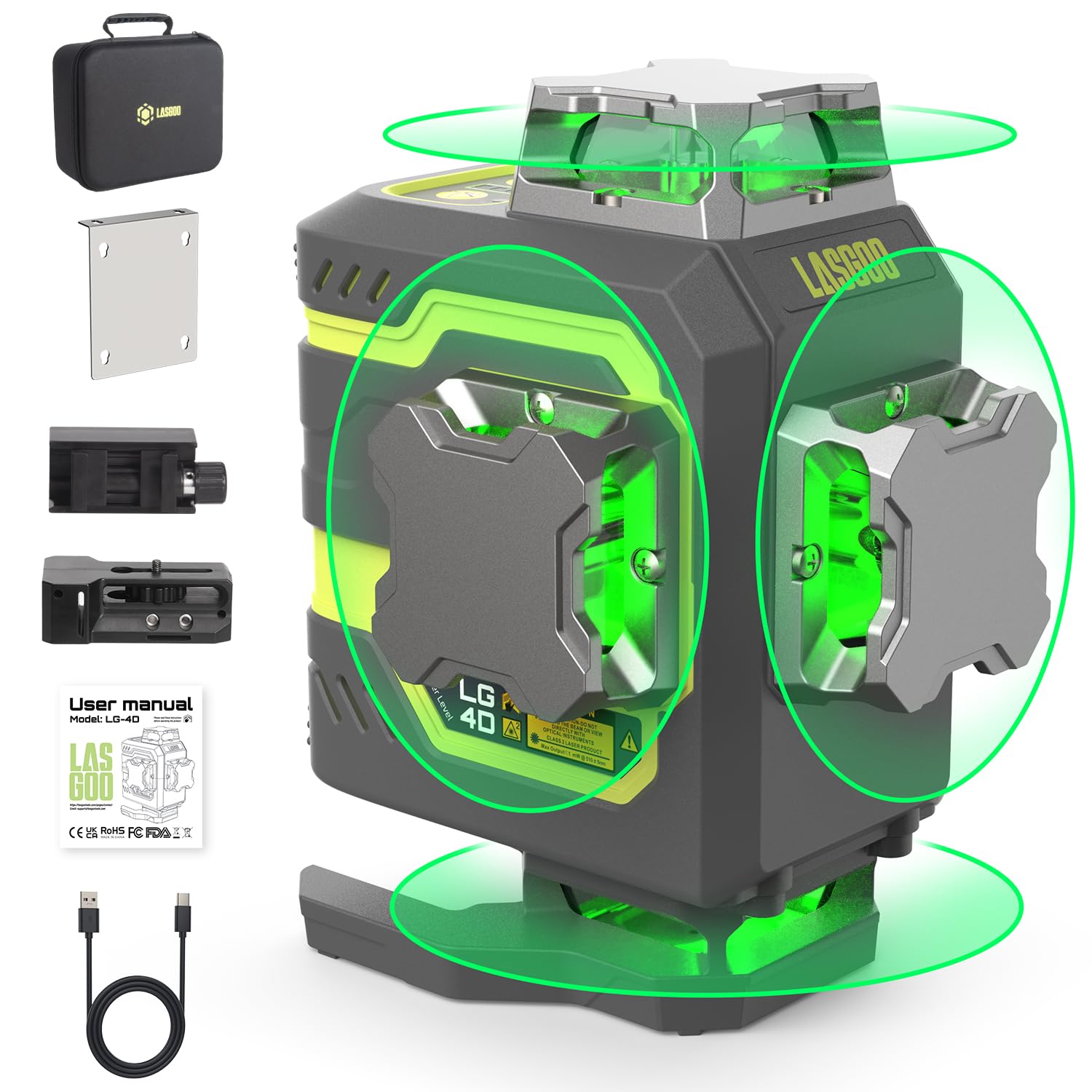 LasGoo LG-4D 16 Green Beam 4x360° Laser Level, Self-Leveling Tool with Horizontal and Vertical Dual Layout, Ideal for Construction and Picture Hanging, Magnetic Pivot Bracket Included - Medaid International