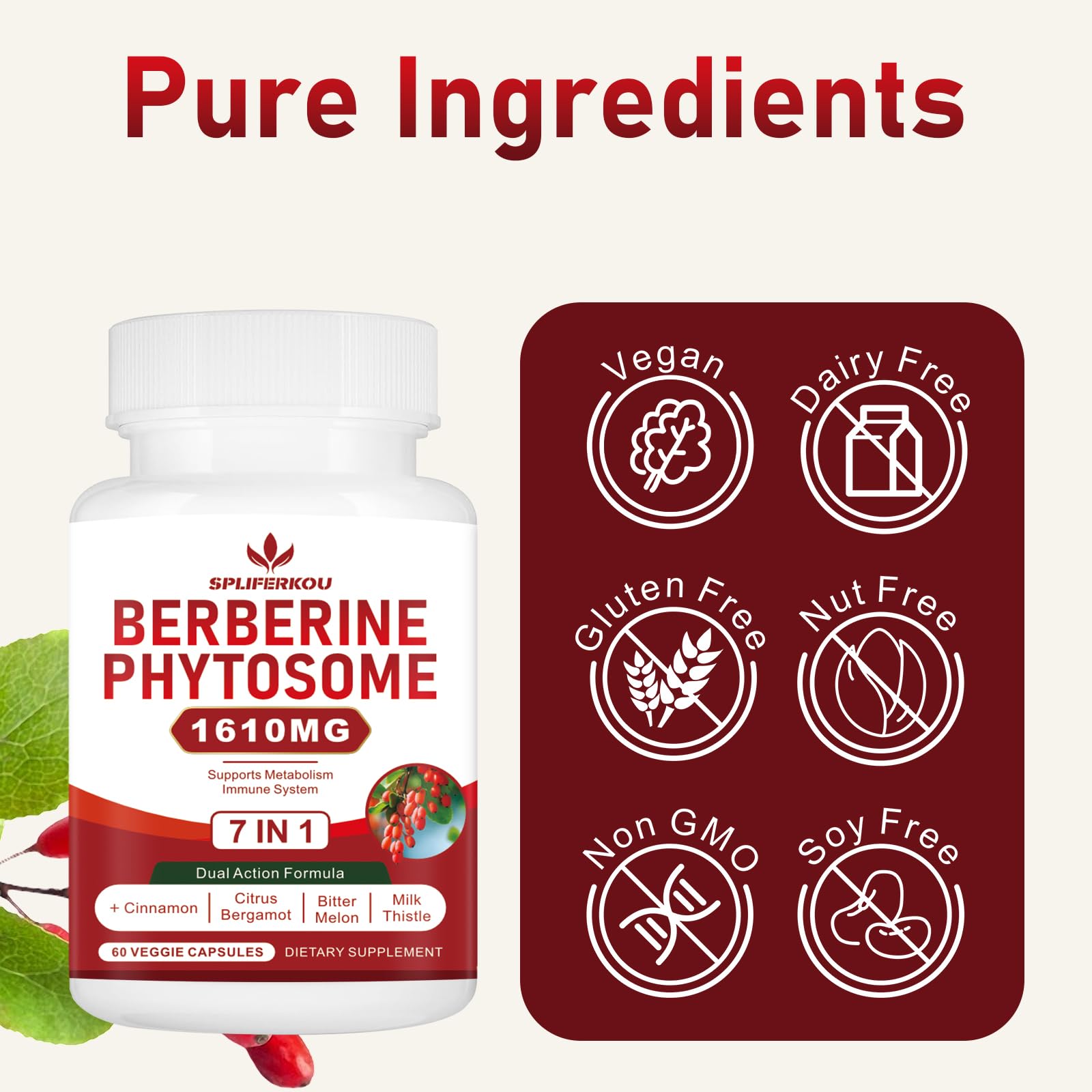 Spliferkou 7-in-1 Berberine Phytosome with Ceylon Cinnamon, Berberine Complex Supports Metabolic, Liver Function and Immune System, Non-GMO, Gluten-Free - 60 Capsules - Medaid International