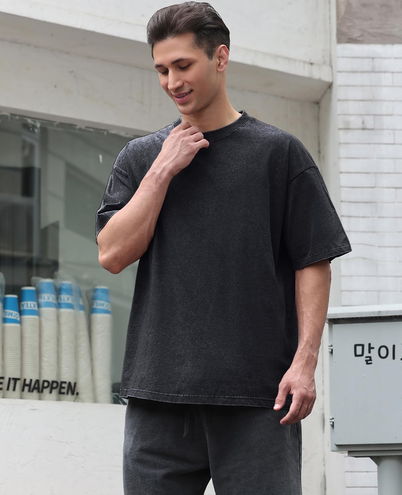 KEEPSHOWING Men's Cotton T-Shirts Oversized Unisex Short Sleeves Casual Loose Wash Solid Basic Tee Tops(A-Black L) - Medaid International