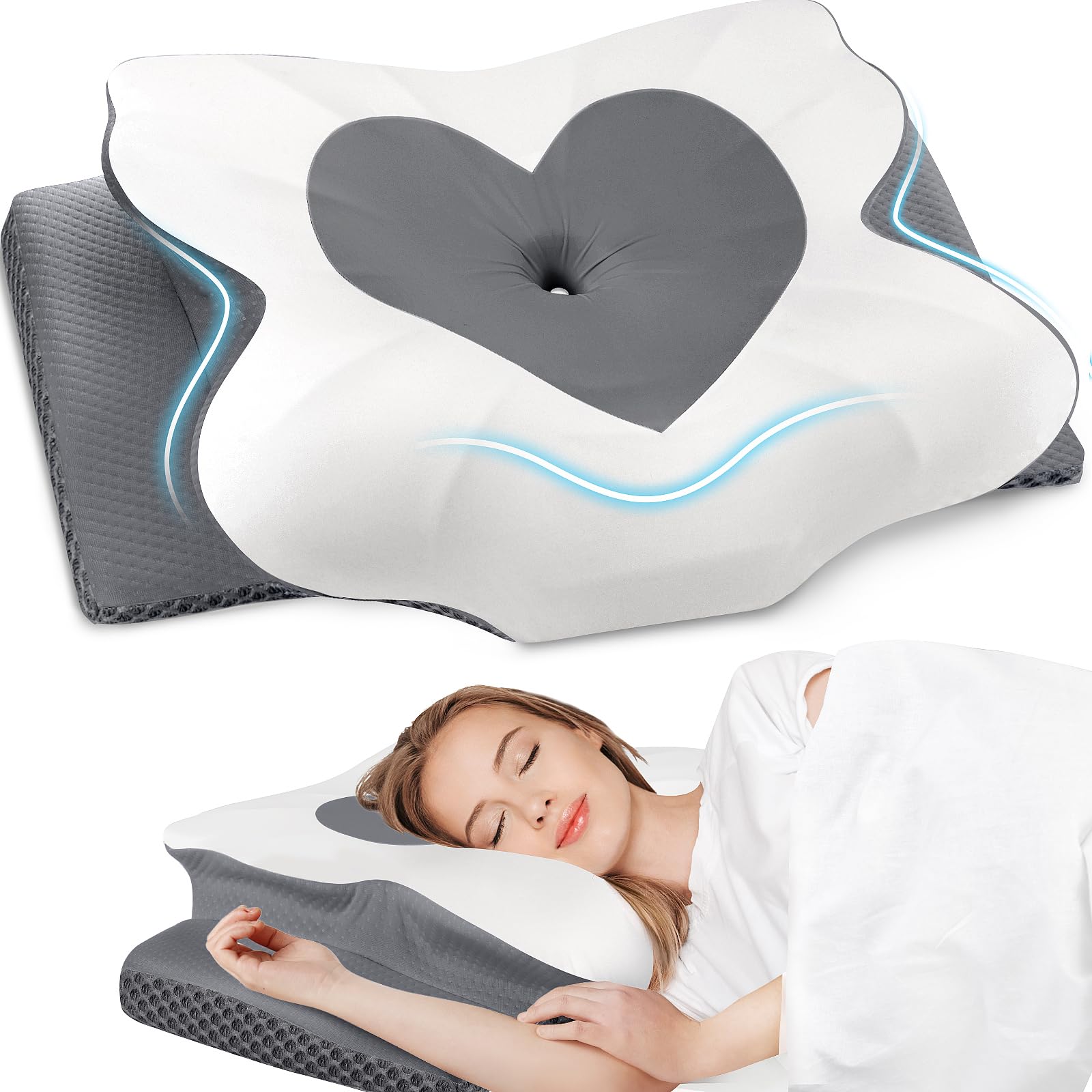 CushZone Cervical Neck Pillow, Memory Foam Neck Support Pillows for Sleeping, Shoulder Pillow for Side Sleepers, Back Stomach Sleepers, CertiPUR-US Certified, Queen Size, Grey - Medaid International