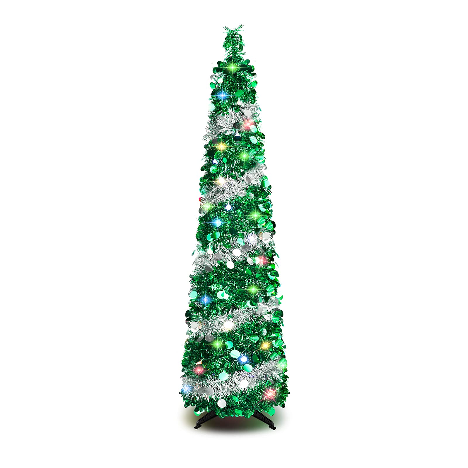 5 FT Christmas Trees with 90 Colorful Lights, Collapsible Artificial Sequin Pop Up Christmas Tree, Tall Skinny Pencil Tinsel Christmas Trees Xmas Tree for Home Apartment Basement Fireplace - Medaid International