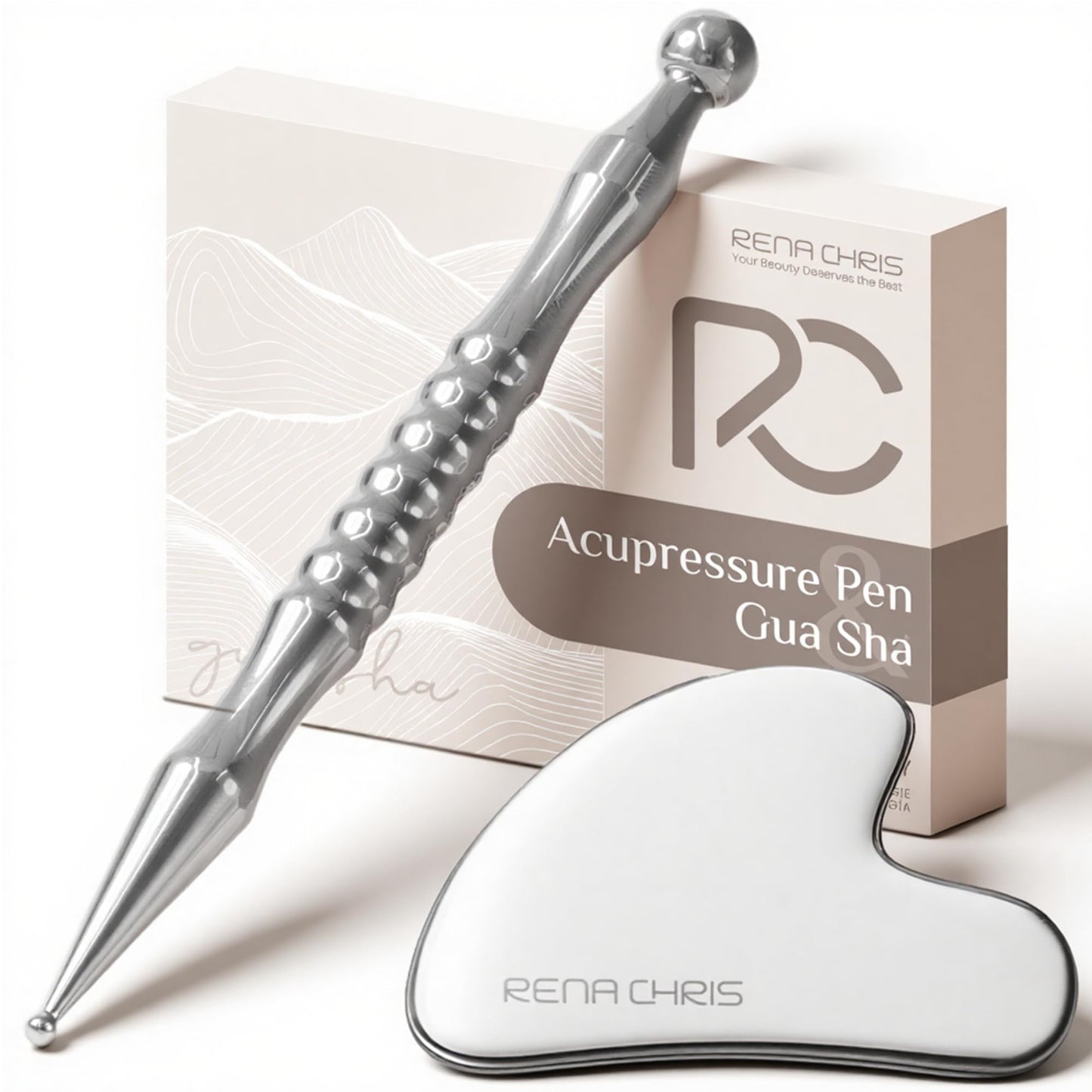 Rena Chris Acupuncture Pen, Manual Reflexology Tools for Muscle Tension and Pain Relief, Acupressure Pen and Stainless Steel Gua Sha Set with Reflexology Chart, Easy to Use - Medaid International