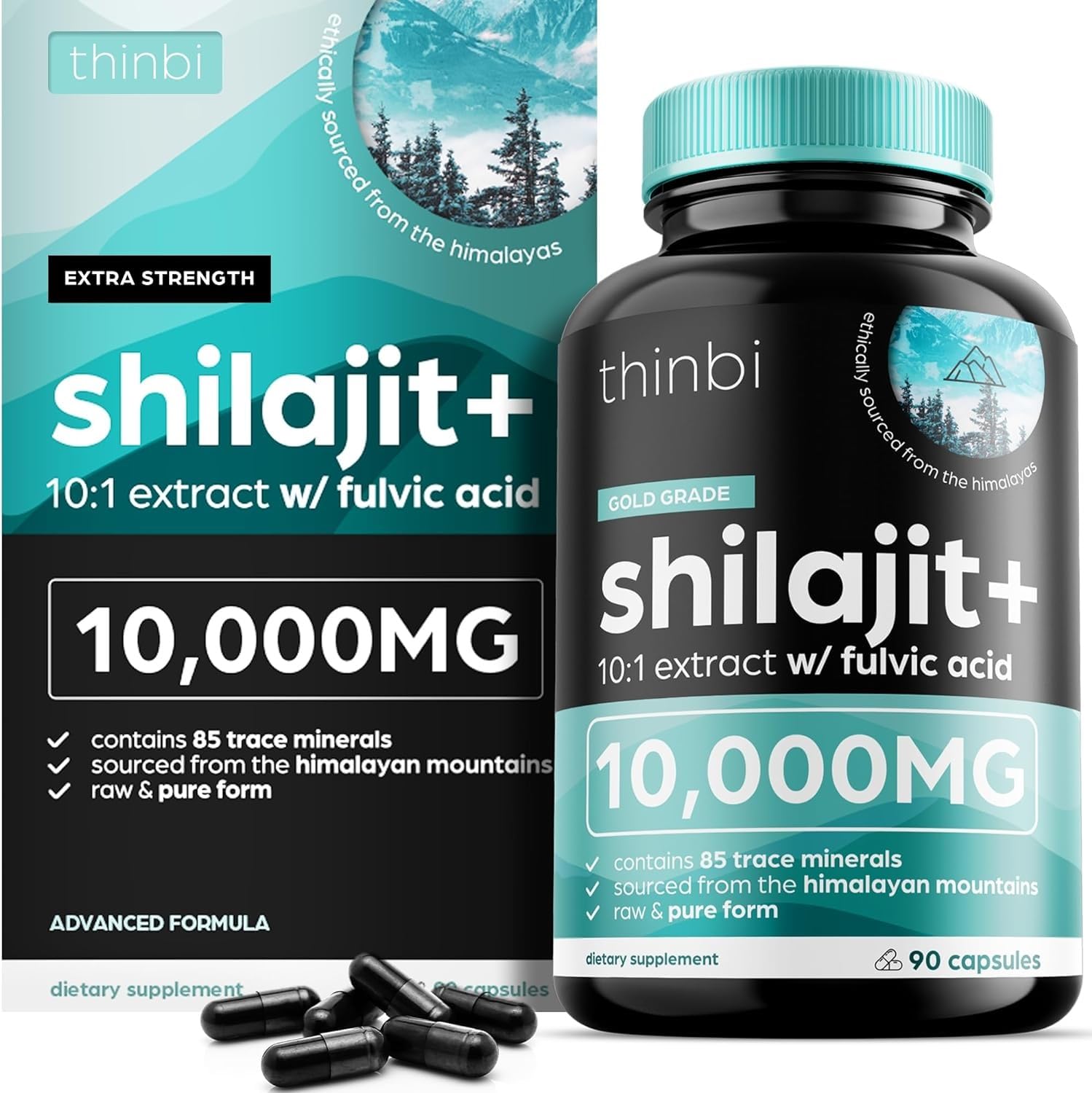 Thinbi Pure Himalayan Shilajit Organic Capsules with Fulvic Acid & Trace Minerals - 90 Count - Medaid International