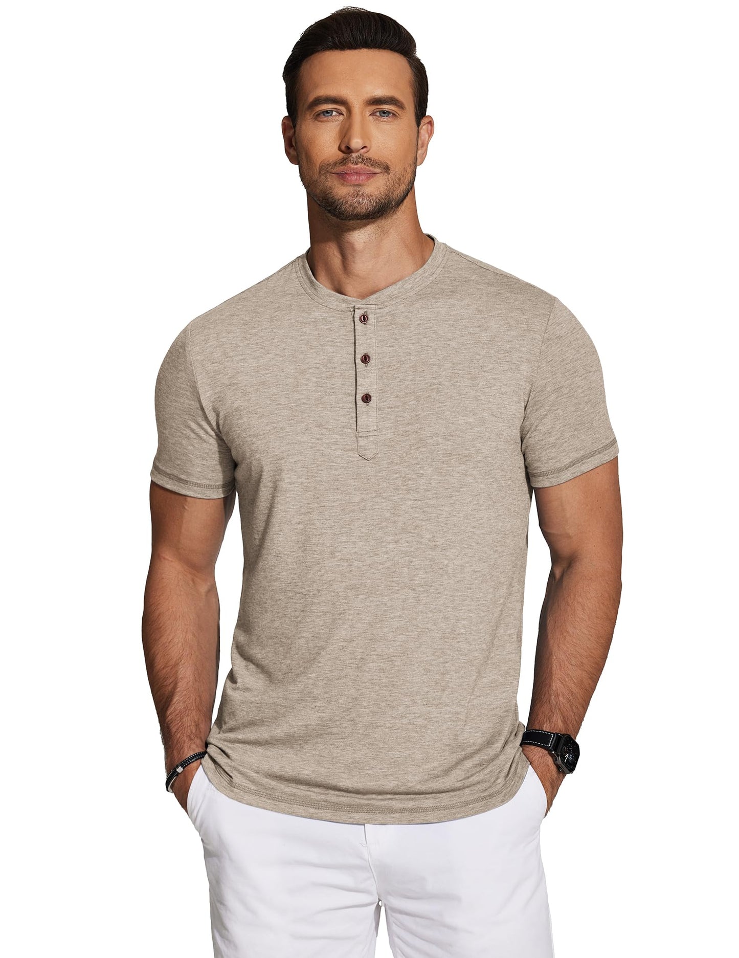 COOFANDY Men's Short Sleeve Henley Shirts Basic Tee Summer Solid Button T Shirts Lightweight Shirts Khaki - Medaid International