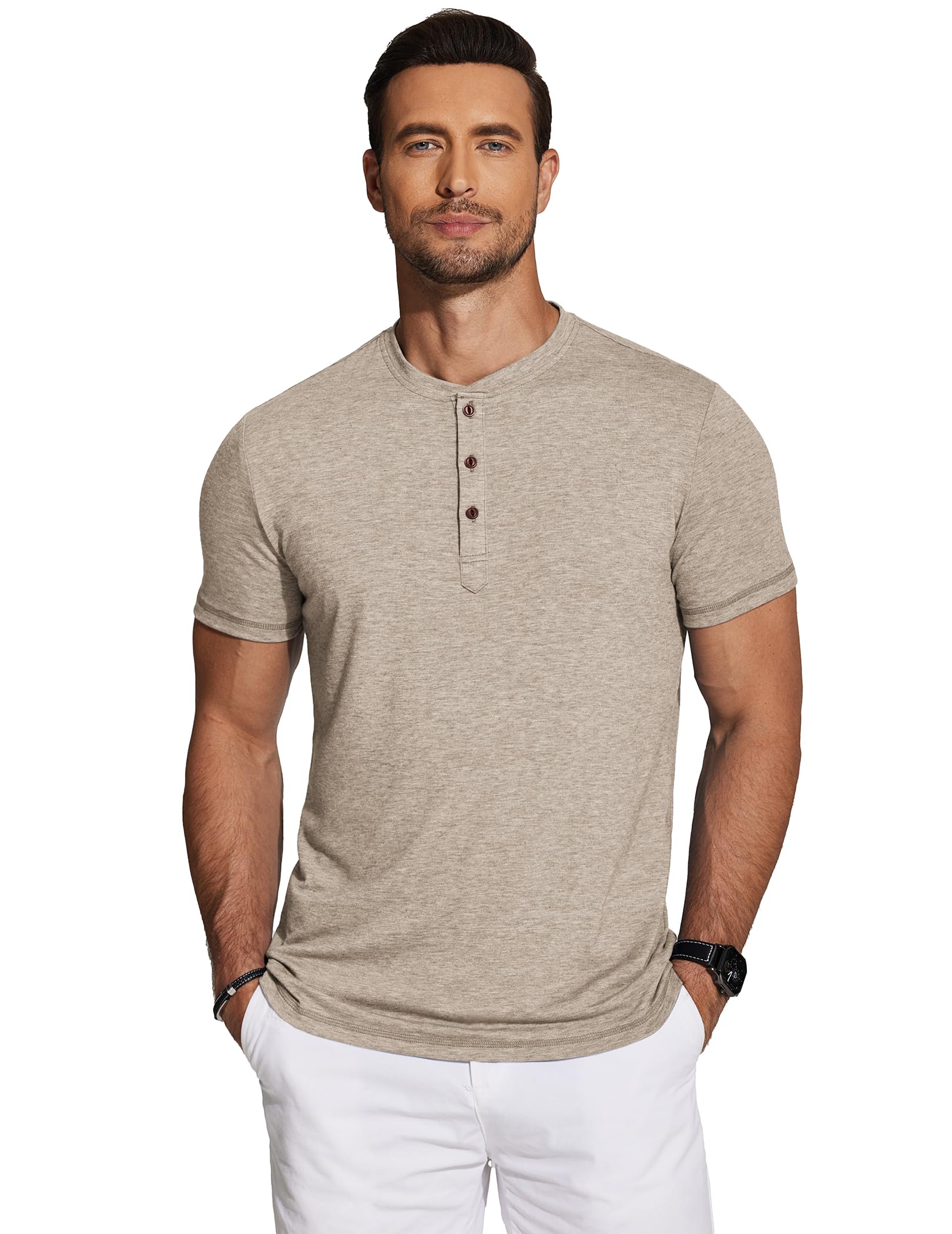 COOFANDY Men's Short Sleeve Henley Shirts Basic Tee Summer Solid Button T Shirts Lightweight Shirts Khaki - Medaid International