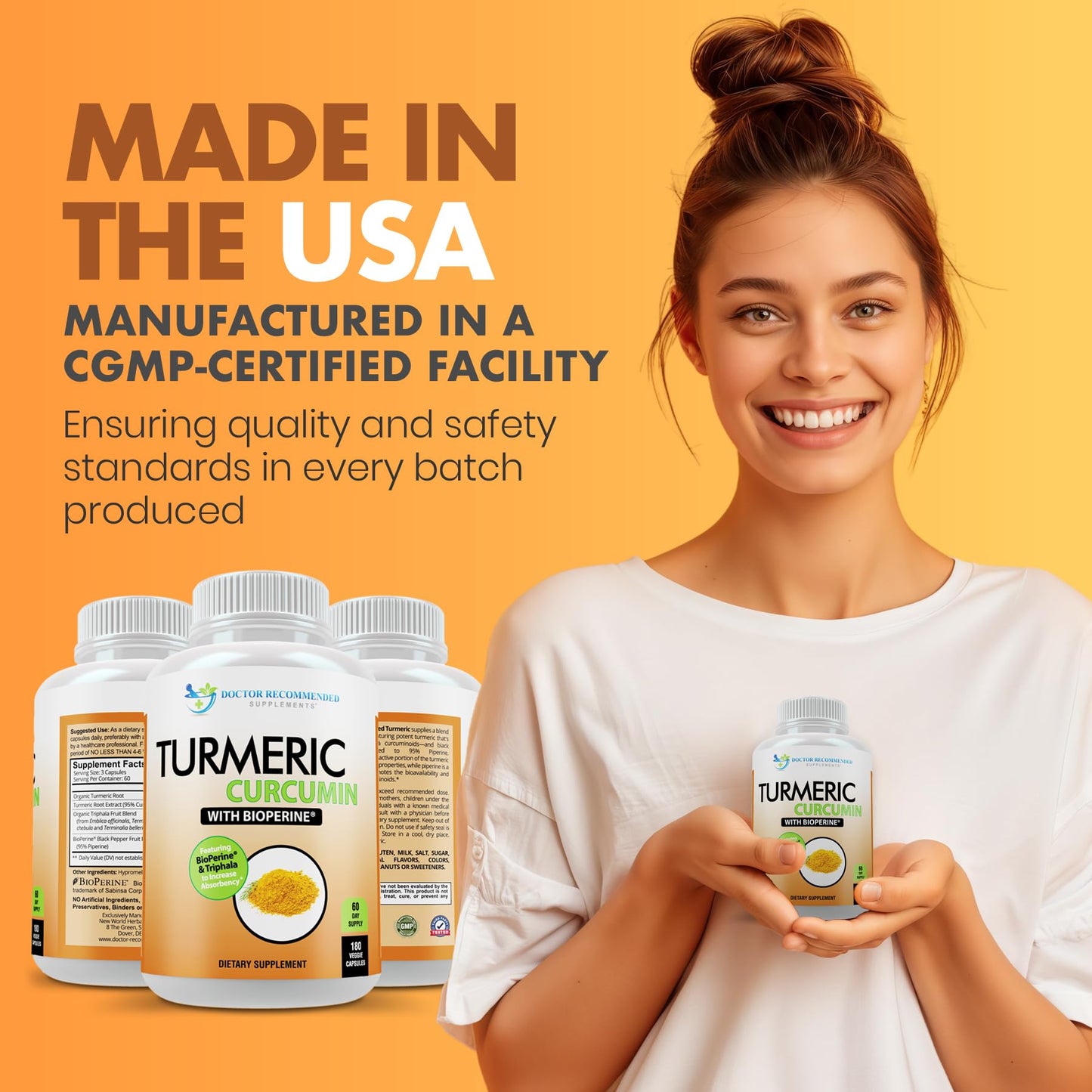 Turmeric Curcumin Supplement - 2250mg/d - Veggie Caps - 95% Curcuminoids with Black Pepper Extract (Bioperine) - 750mg Capsules - 100% Organic - Most Powerful Turmeric (180 Count) - Medaid International