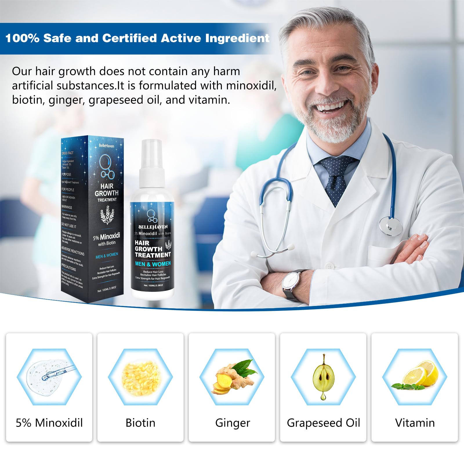 5% Minoxidil Hair Growth Serum for Men and Women - Hair Regrowth Treatment Spray, Topical Solution to Stop Thinning and Hair Loss, 2 Month Supply for Beard and Hair Growth, 100ML - Medaid International