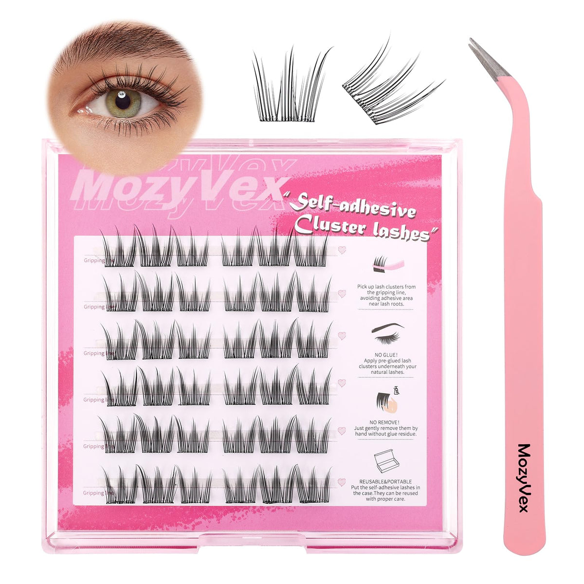 36pcs Self Adhesive Lash Clusters Reusable DIY Eyelash Extensions - D Curl 10-16mm Pre-Glued Lash Clusters No Glue Needed, Includes Tweezers for 1-STEP Easy Application