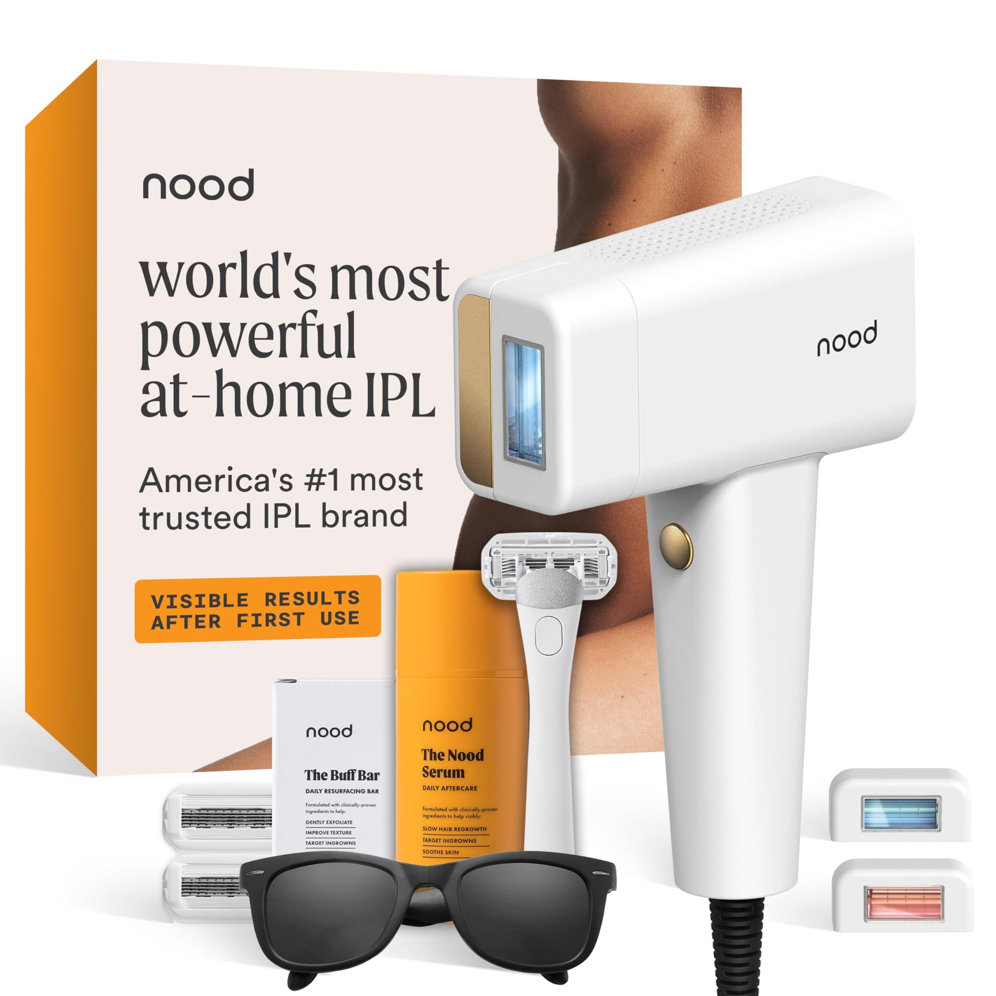NEW Nood™ Flasher Pro Kit Lite — IPL Laser Hair Removal Device for Women & Men + Refillable 5-Blade Shaving Razor Kit + Exfoliating Buff Bar + After Shave Serum to Slow Hair Regrowth — Gloss White - Medaid International