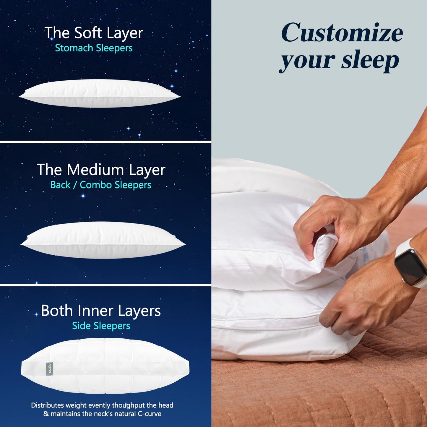 Nuzzle Cooling Adjustable Pillow for Side Sleepers, Luxury Standard Size Bed Pillow Hotel Collection - Best Adjust Height Soft Firm Pillow for Back, Stomach or Side Sleepers - Home Gifts - Medaid International