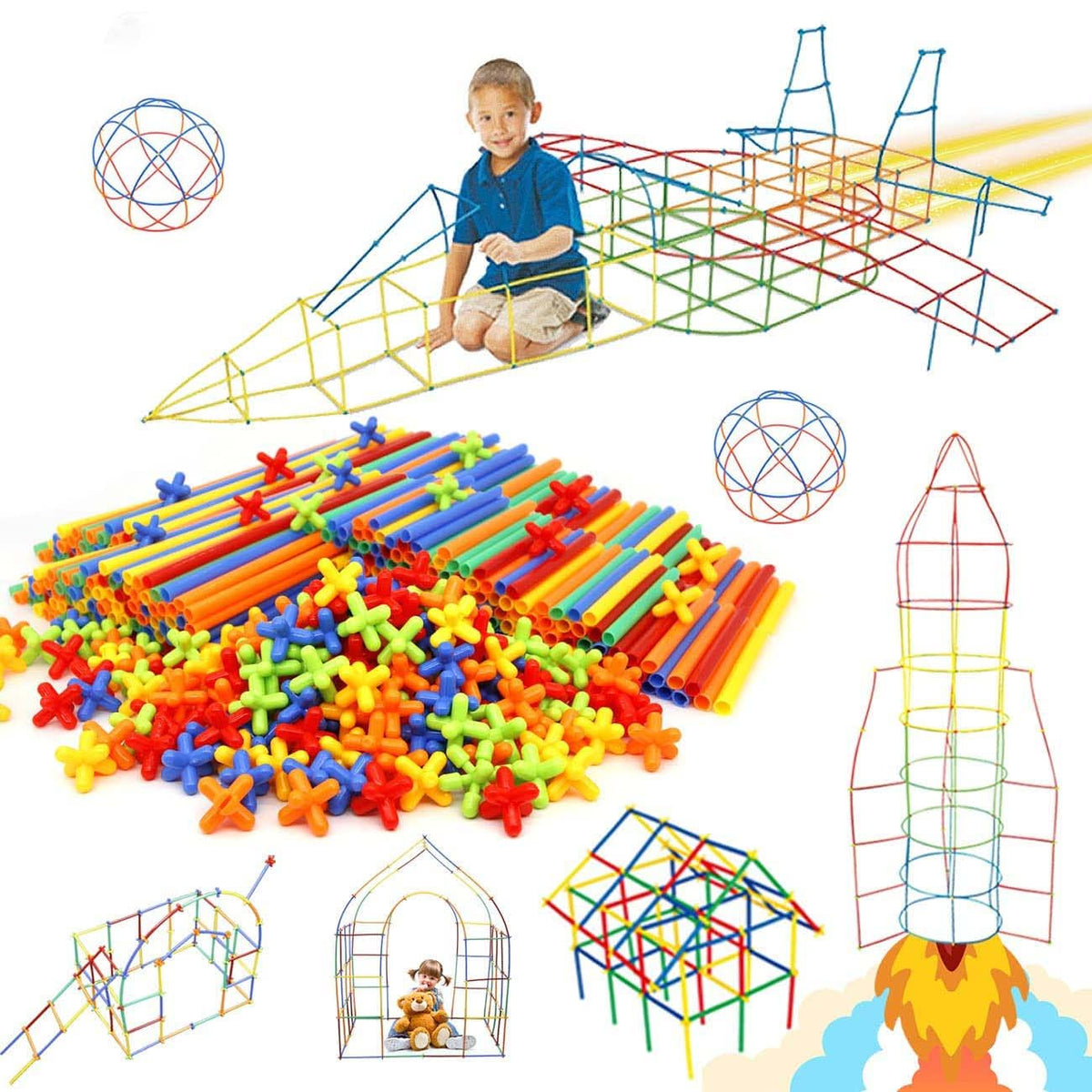 KASTWAVE Construction Toys 600 Pieces Of Straw Toys, Interlocking Plastic Toys, Thin Tube Building Blocks Toy Kit, Suitable For Indoor And Outdoor Children'S Toys, Gifts For Boys And Girls