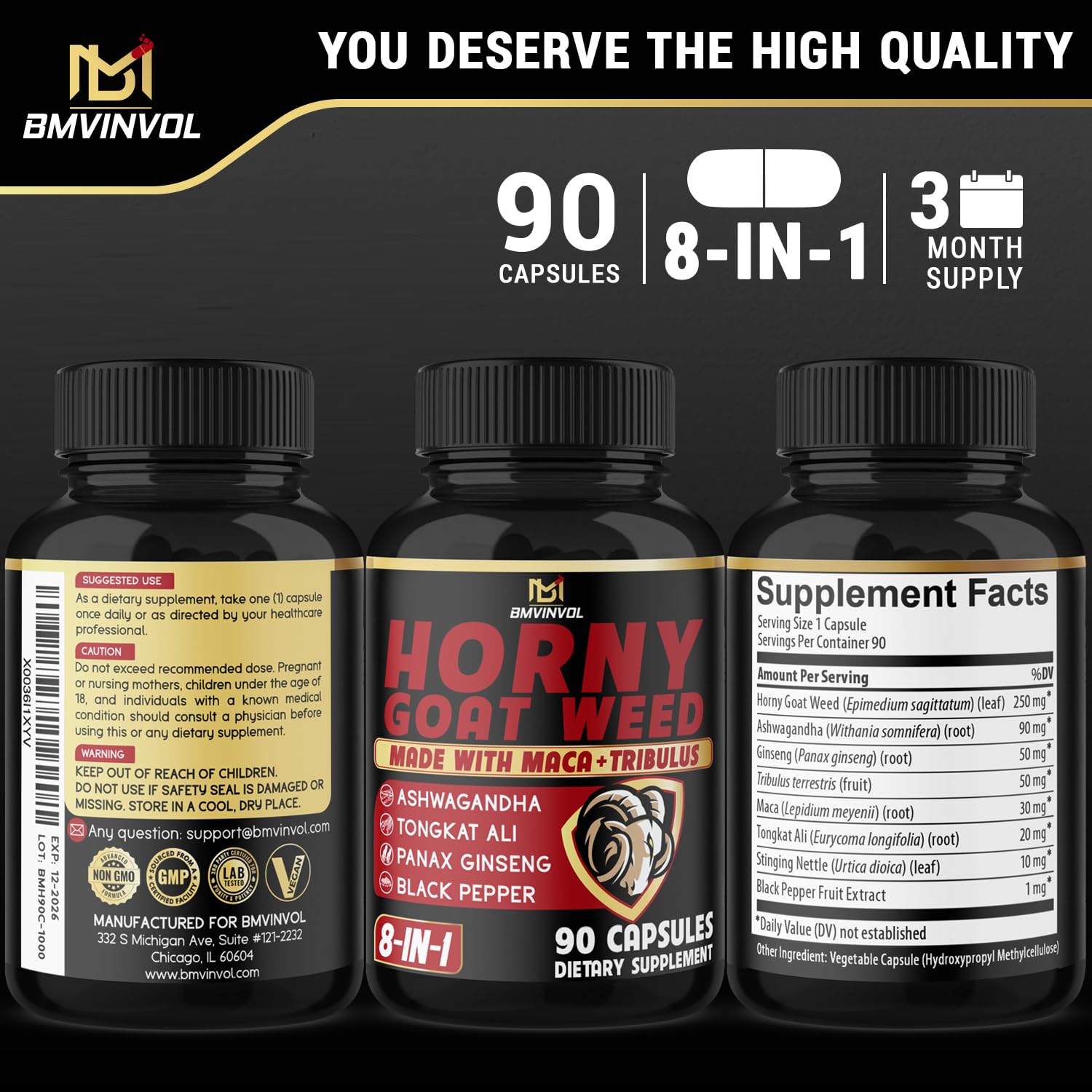 BMVINVOL Horny Goat Weed Capsules with Maca, Ginseng, Tribulus Terrestris, Ashwagandha, Black Pepper - 90 Count for 3 Month Supply - Medaid International