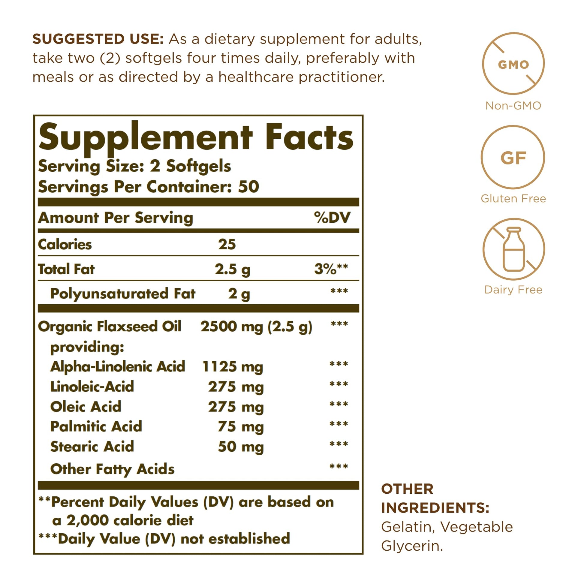 Solgar Flaxseed Oil 1250 mg, 100 Softgels - Organic, Cold-Pressed Omega 3 Essential Fatty Acids - Supports Heart, Immune & Skin Health - Non-GMO, Gluten Free, Dairy Free - 50 Servings - Medaid International