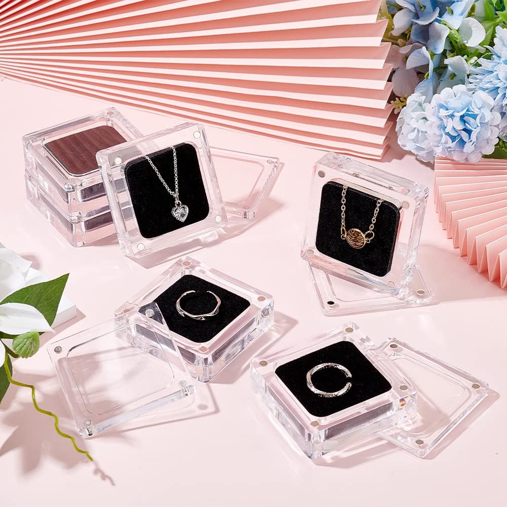 TERRIFI 6 Pcs Acrylic Ring Box with Black Velvet, Clear Jewelry Storage Magnet Case, Suitable for Wedding Day, Proposal, Jewelry, Anniversary (2.3x2.3inch)