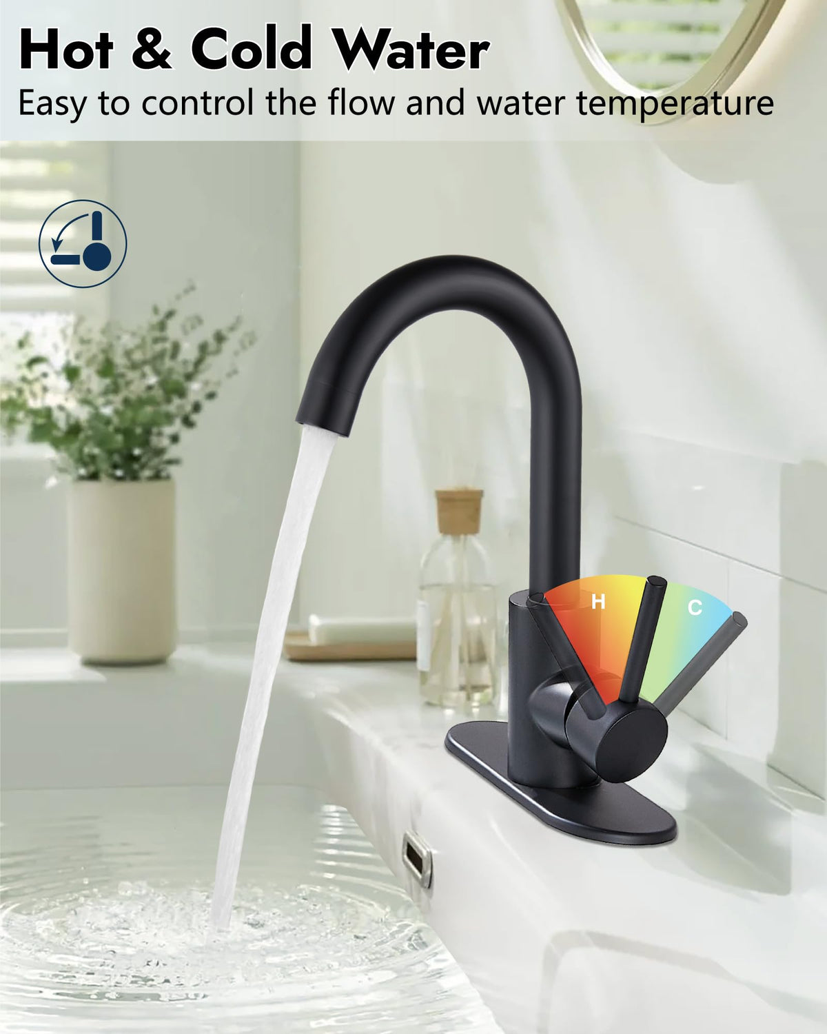 Midanya Matte Black Bathroom Sink Faucet Deck Mount SUS304 Stainless Steel Lavatory Mixer Tap 1 Hole Single Handle with Cover Plate Include Pop Up Drain with Overflow Commercial