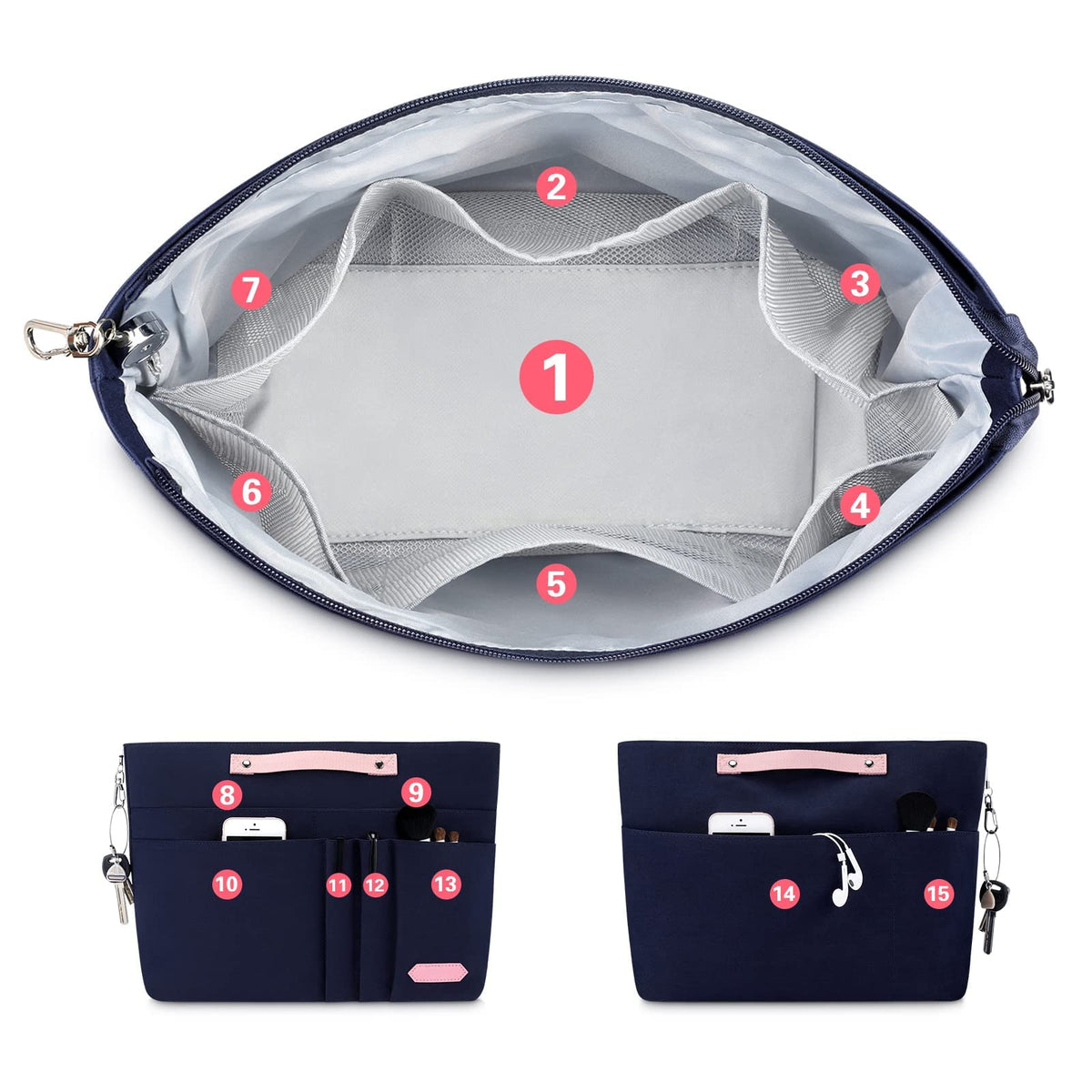 TERRIFI Purse Organizer Insert for Handbags,Tote Bag Organizer Insert Zipper Bag for Women, Handbag Organizer Inside Liner with 15 Pockets(Blue, M)
