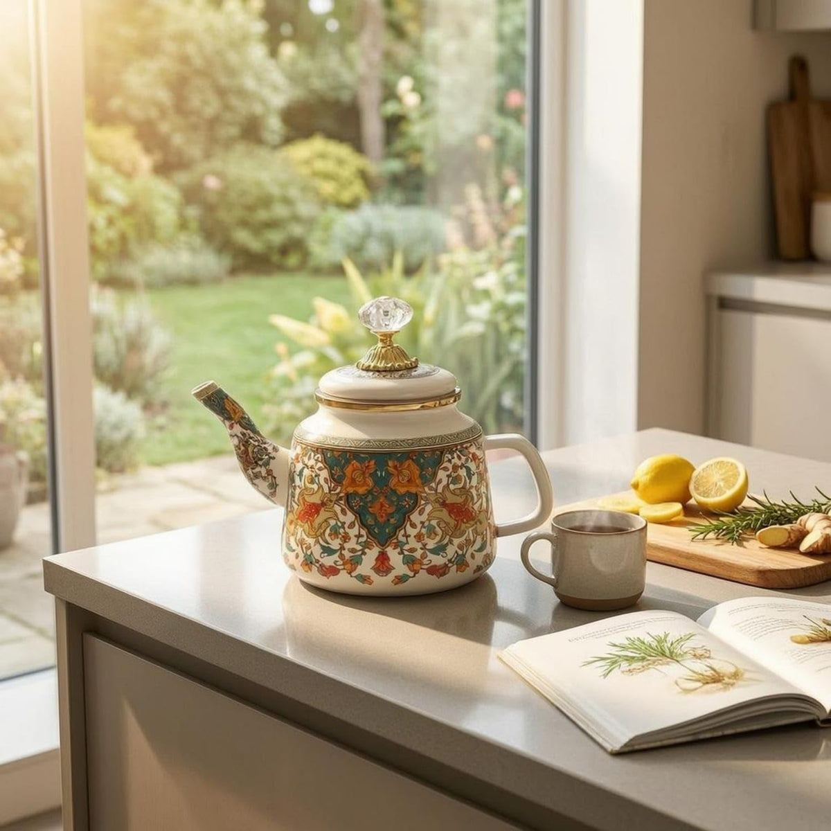 Glossy Floral Enamel Tea Kettle