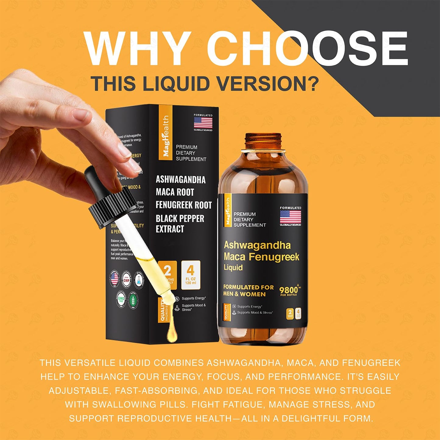 Maca Root Liquid Drops with Ashwagandha and Fenugreek - 60 Day Servings - Focus, Energy and Performance - Liquid Multivitamin for Women and Men - Adapto Drive, Vegan Drops - Medaid International