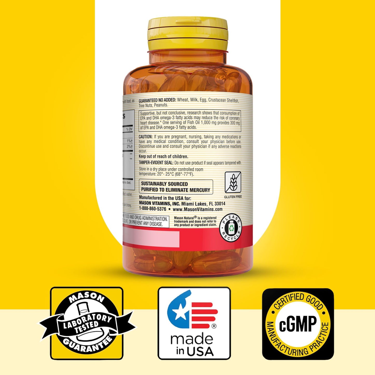 MASON NATURAL Omega,3 Fish Oil, 200,Day Supply, 1000mg with EPA and DHA for Joint Support, Softgel Pills - Medaid International