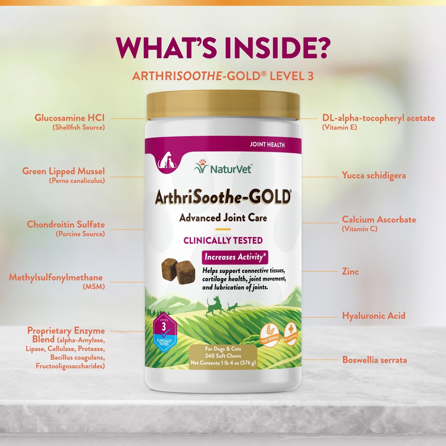 NaturVet Arthrisoothe Glucosamine for Dogs – Dog Supplement with Glucosamine, MSM, Chondroitin & Hyaluronic Acid – ArthriGold Level 3 – 240 Soft Chews